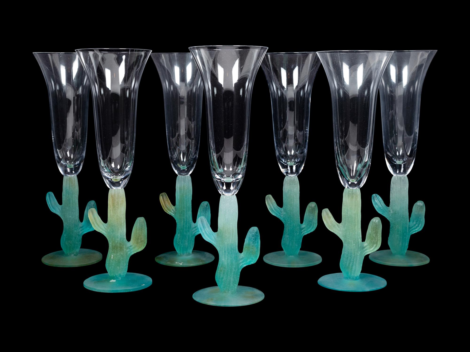 A Set of Thirteen Daum Pâte-de-Verre Cactus Champagne Flutes