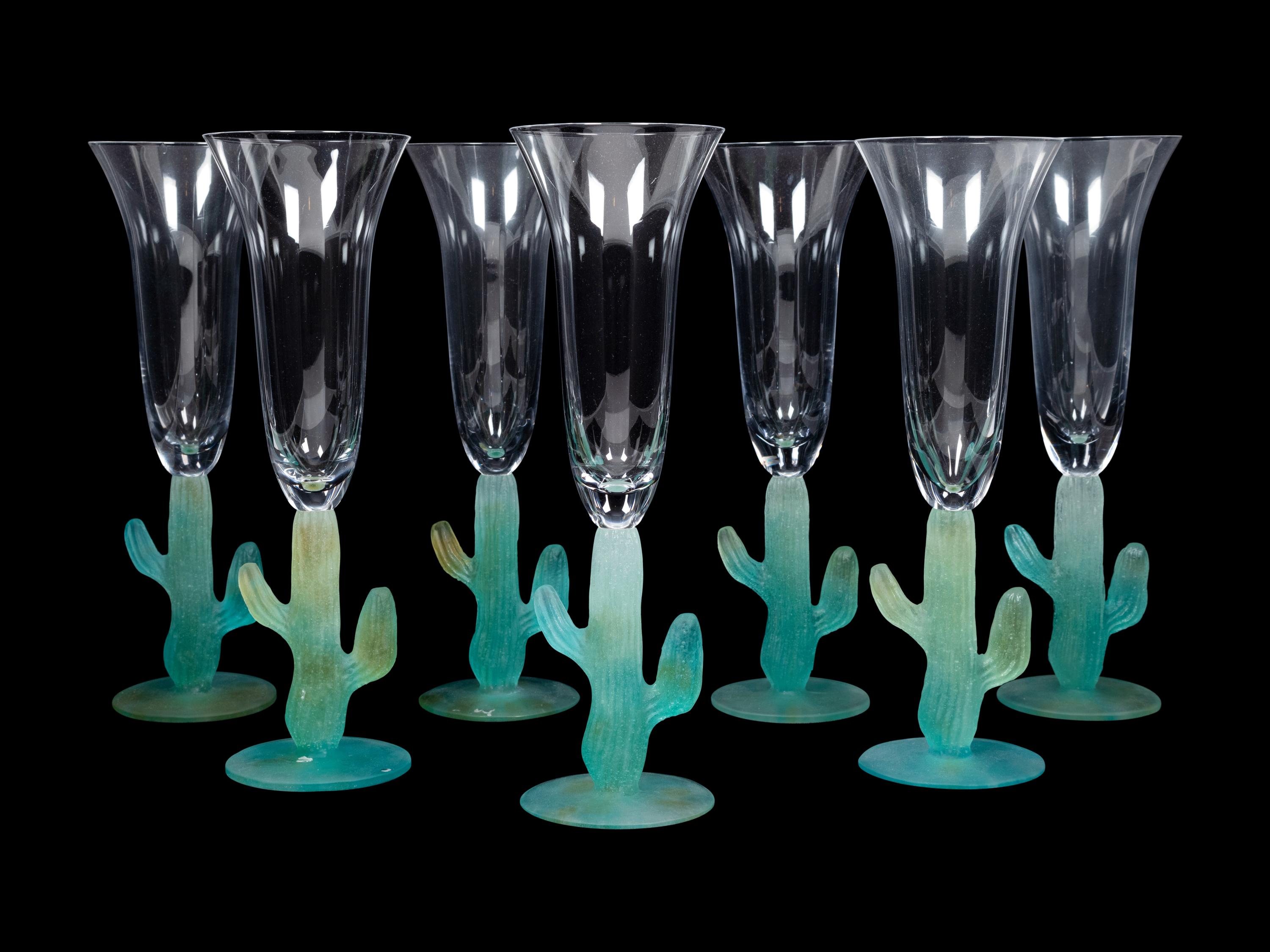 A Set of Thirteen Daum Pâte-de-Verre Cactus Champagne Flutes