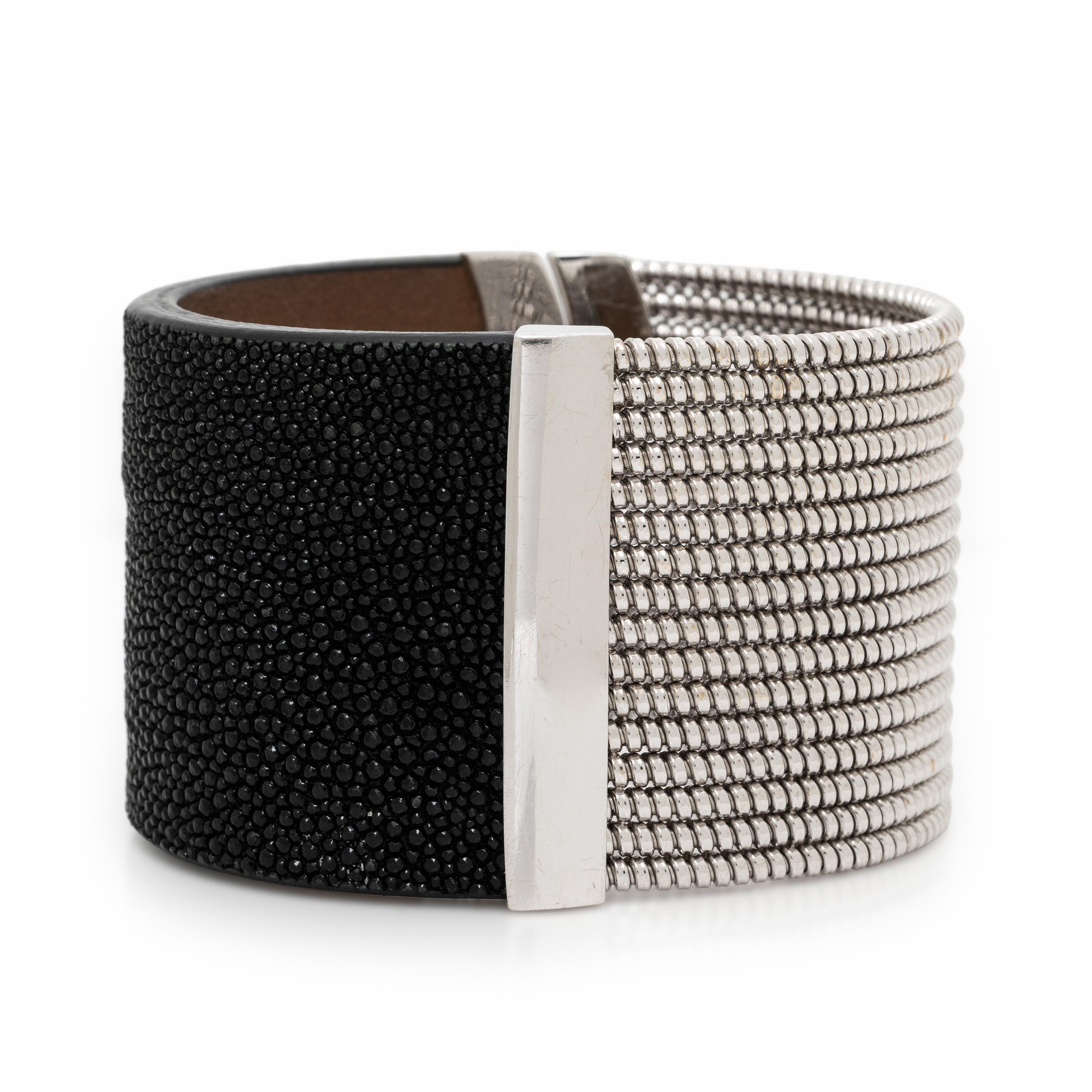 Stingray Leather, Diamond, and White Gold Cuff Bracelet