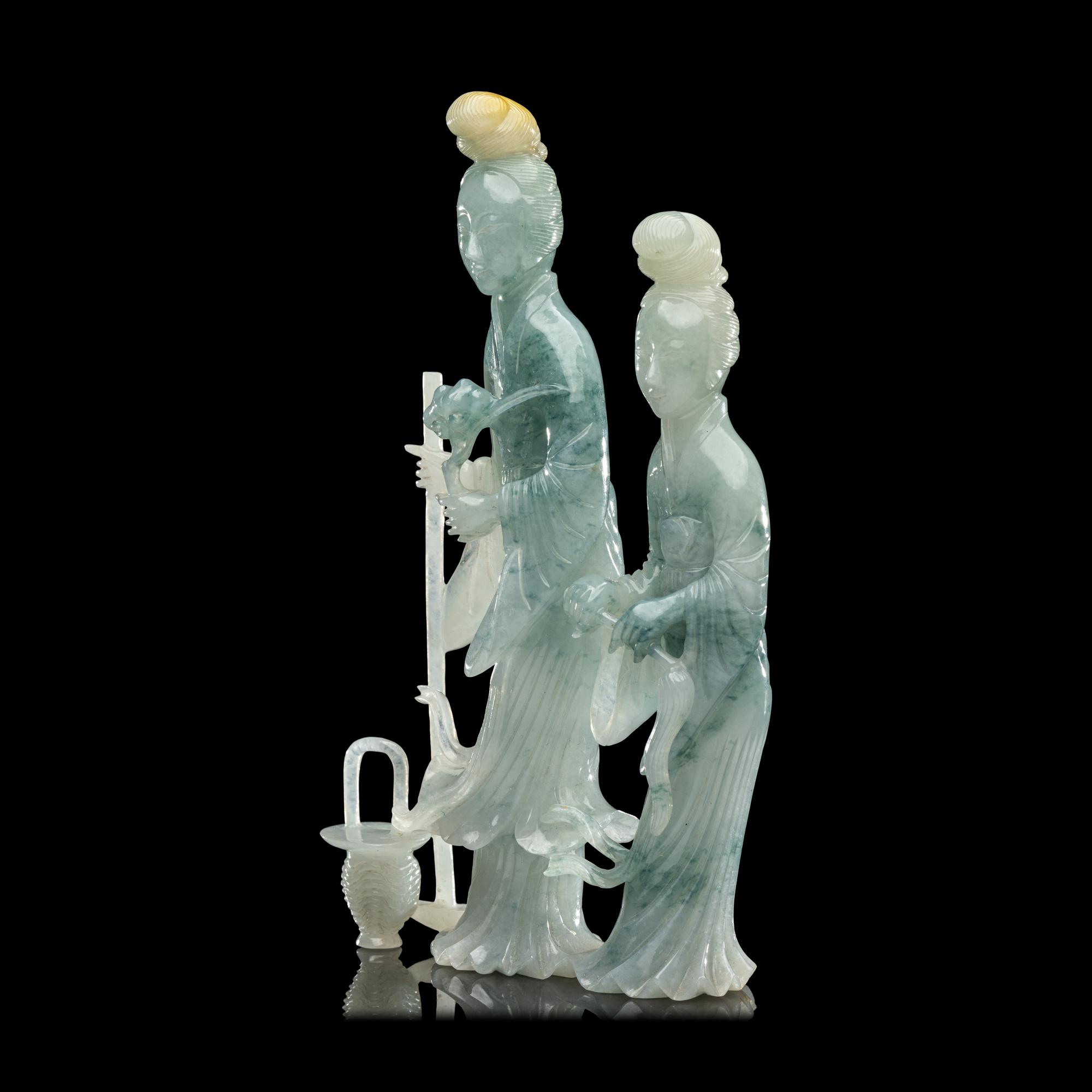 A Chinese Green Jadeite Carving of Two Female Immortals, 20th Century 近代 翡翠仕女擺件