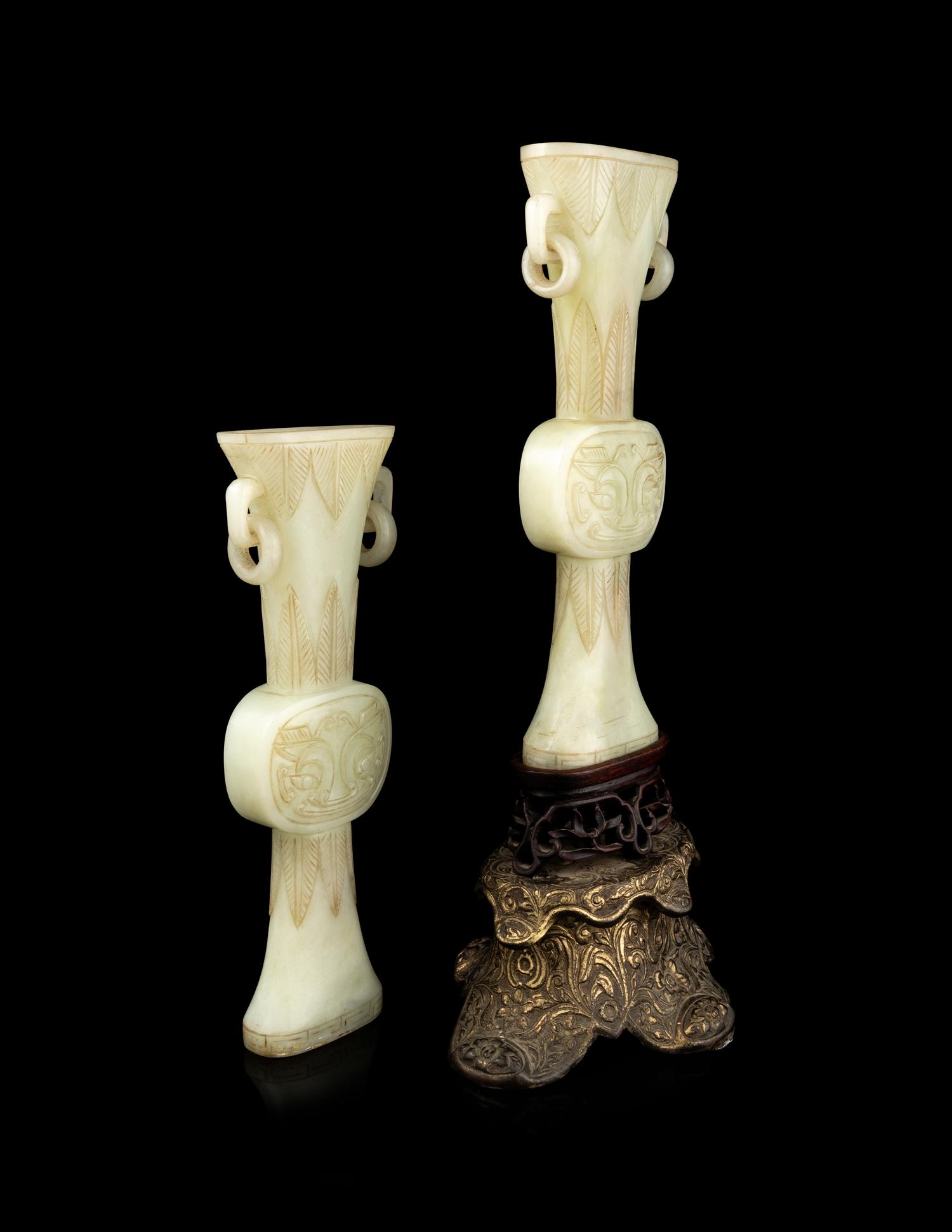 A Pair of Chinese Carved White Jade Gu Vases