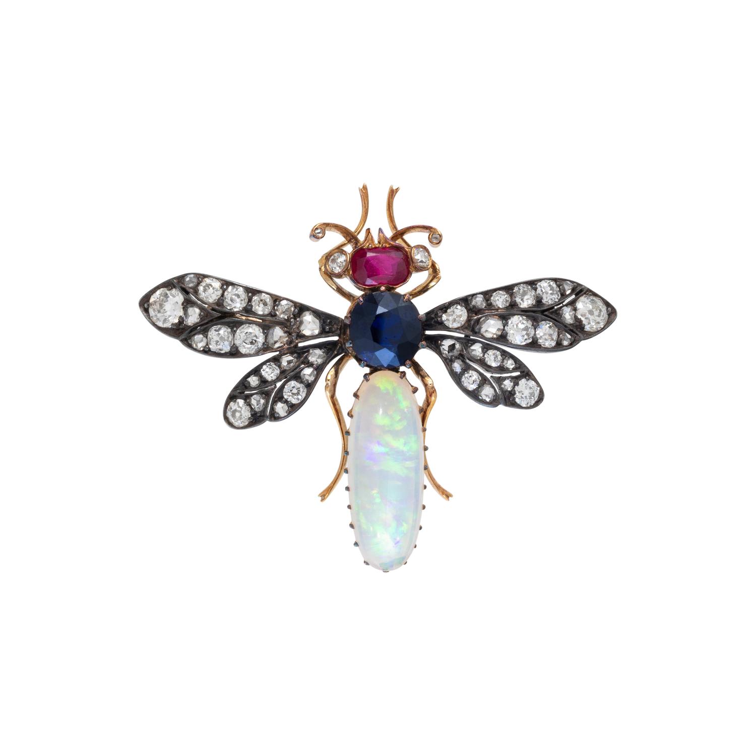 ANTIQUE, DIAMOND AND MULTIGEM INSECT BROOCH