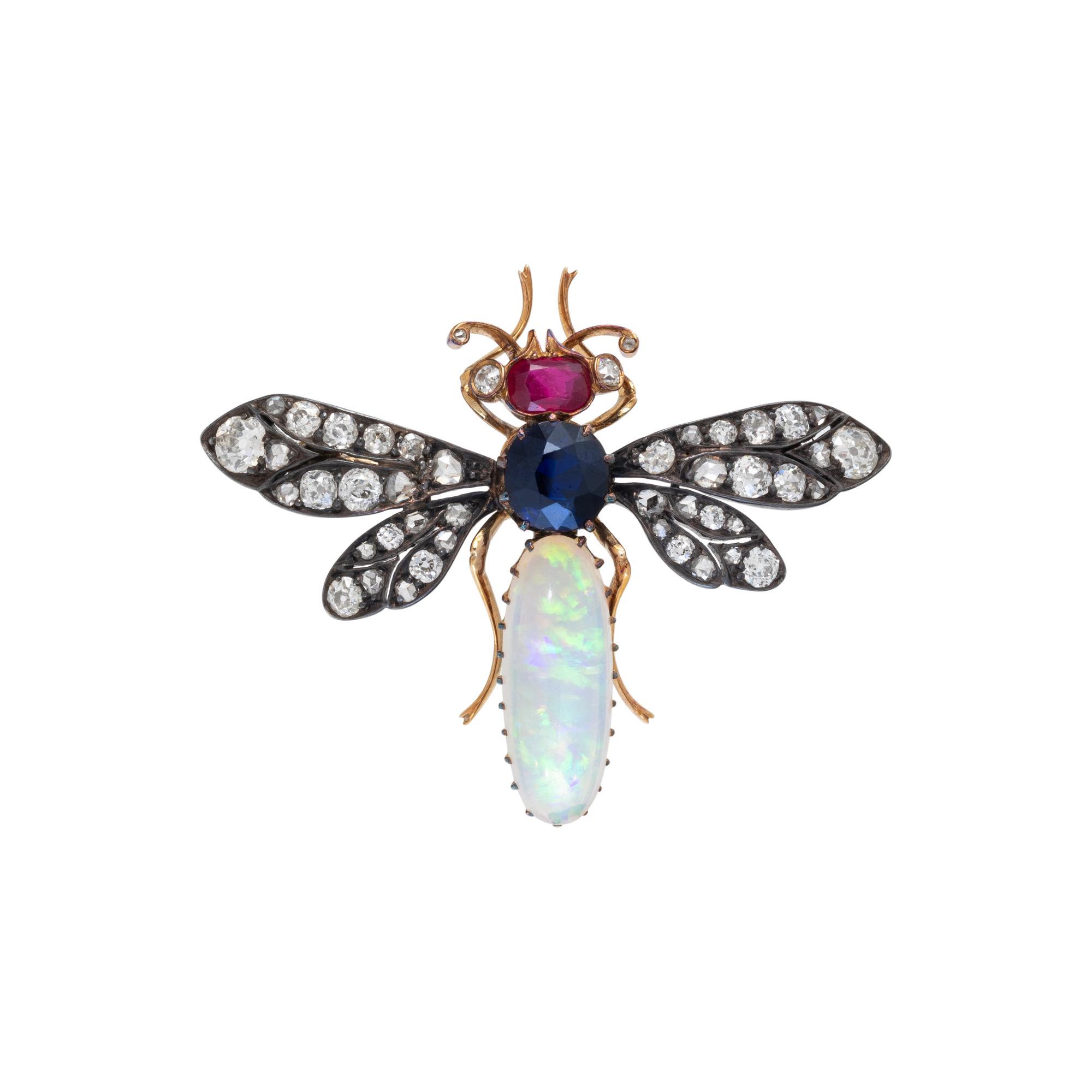 ANTIQUE, DIAMOND AND MULTIGEM INSECT BROOCH