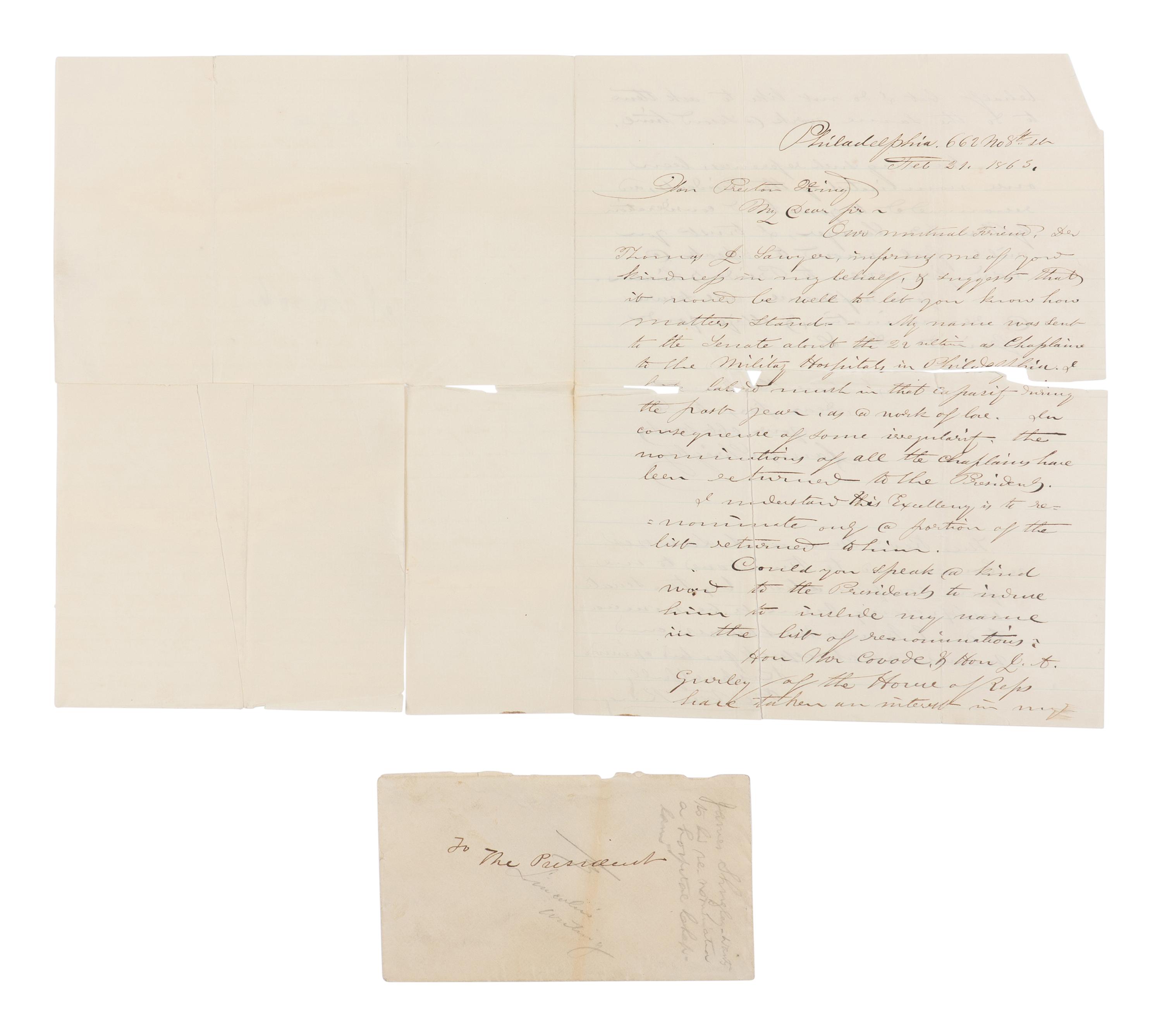 [LINCOLN, Abraham (1809-1865)]. SHRIGLEY, James (1813-1895). Autograph letter signed ("James Shrigley") to Preston King with an unsigned endorsement in Lincoln's hand, Philadelphia/[Washington, D.C.], Feb-March 1863.