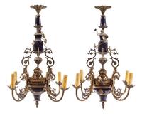 A Pair of French Gilt-Bronze and Porcelain Four-Light Chandeliers — 19TH CENTURY
