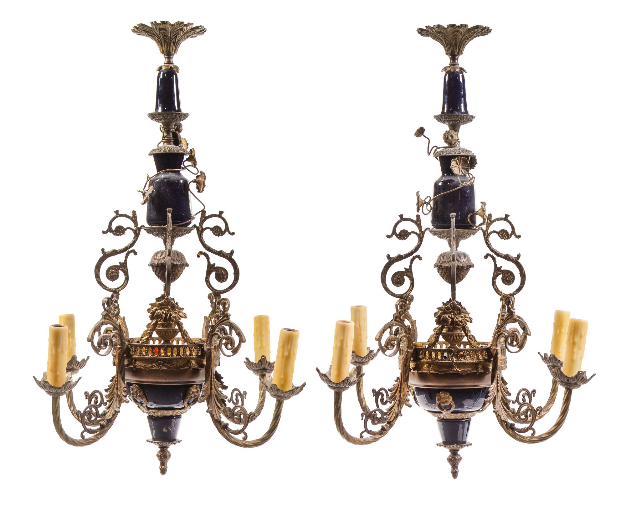 A Pair of French Gilt-Bronze and Porcelain Four-Light Chandeliers — 19TH CENTURY