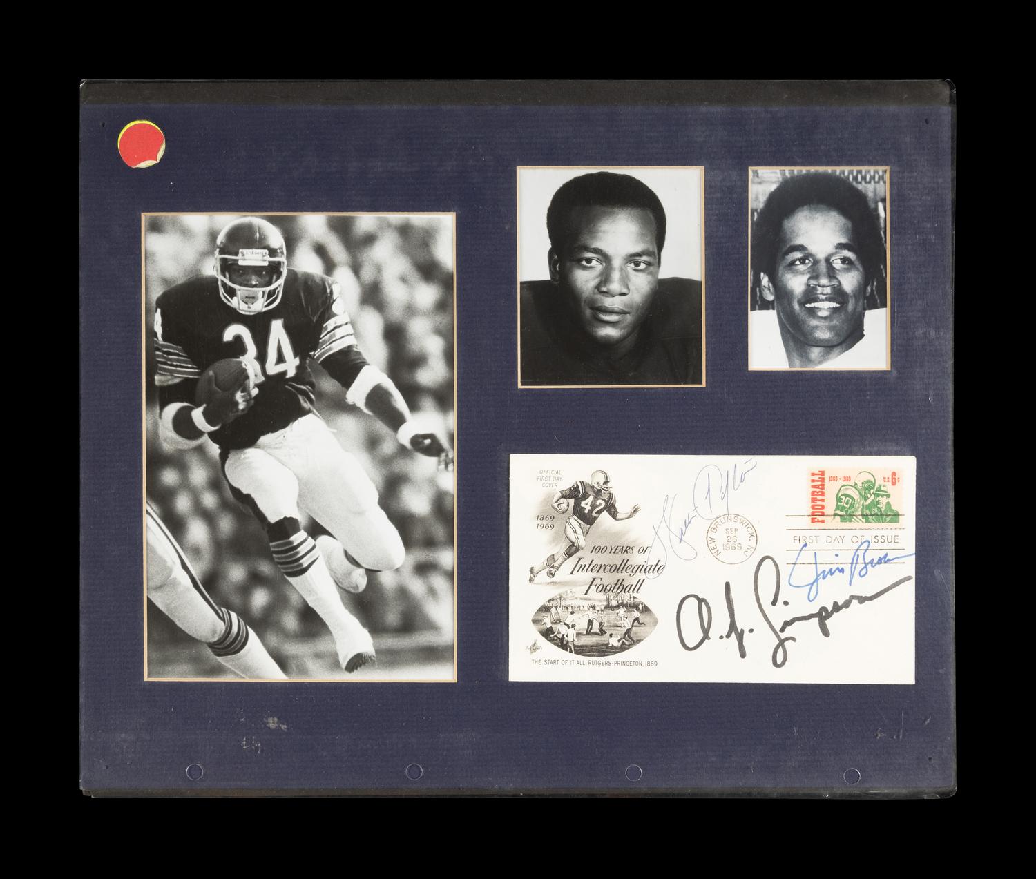 A Hall of Fame Running Backs Signed First Day Cover Display Featuring Walter Payton and Jim Brown (Beckett Authentication Services Letter),