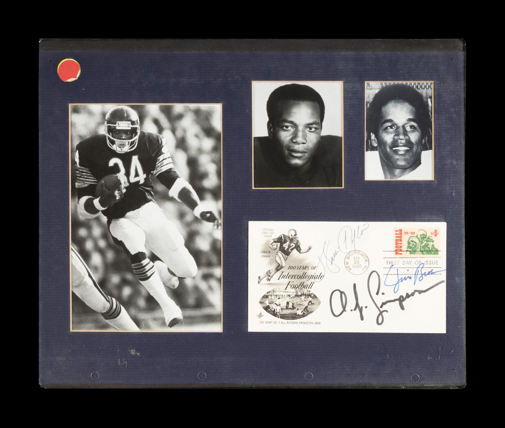 A Hall of Fame Running Backs Signed First Day Cover Display Featuring Walter Payton and Jim Brown (Beckett Authentication Services Letter),