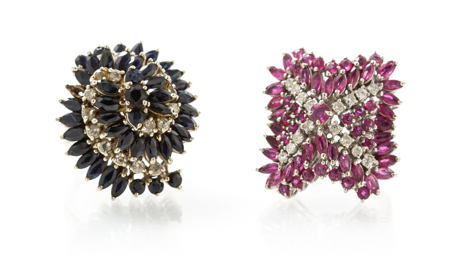 A Collection of 14 Karat Gold, Ruby, Sapphire and Diamond Rings, 20.70 dwts.