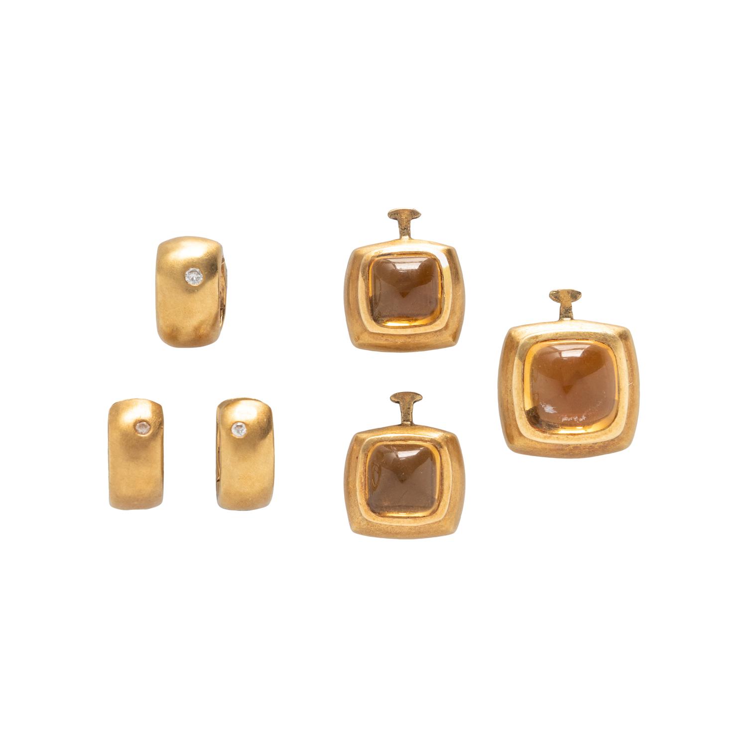 CITRINE, DIAMOND, AND YELLOW GOLD PENDANT AND EARRINGS