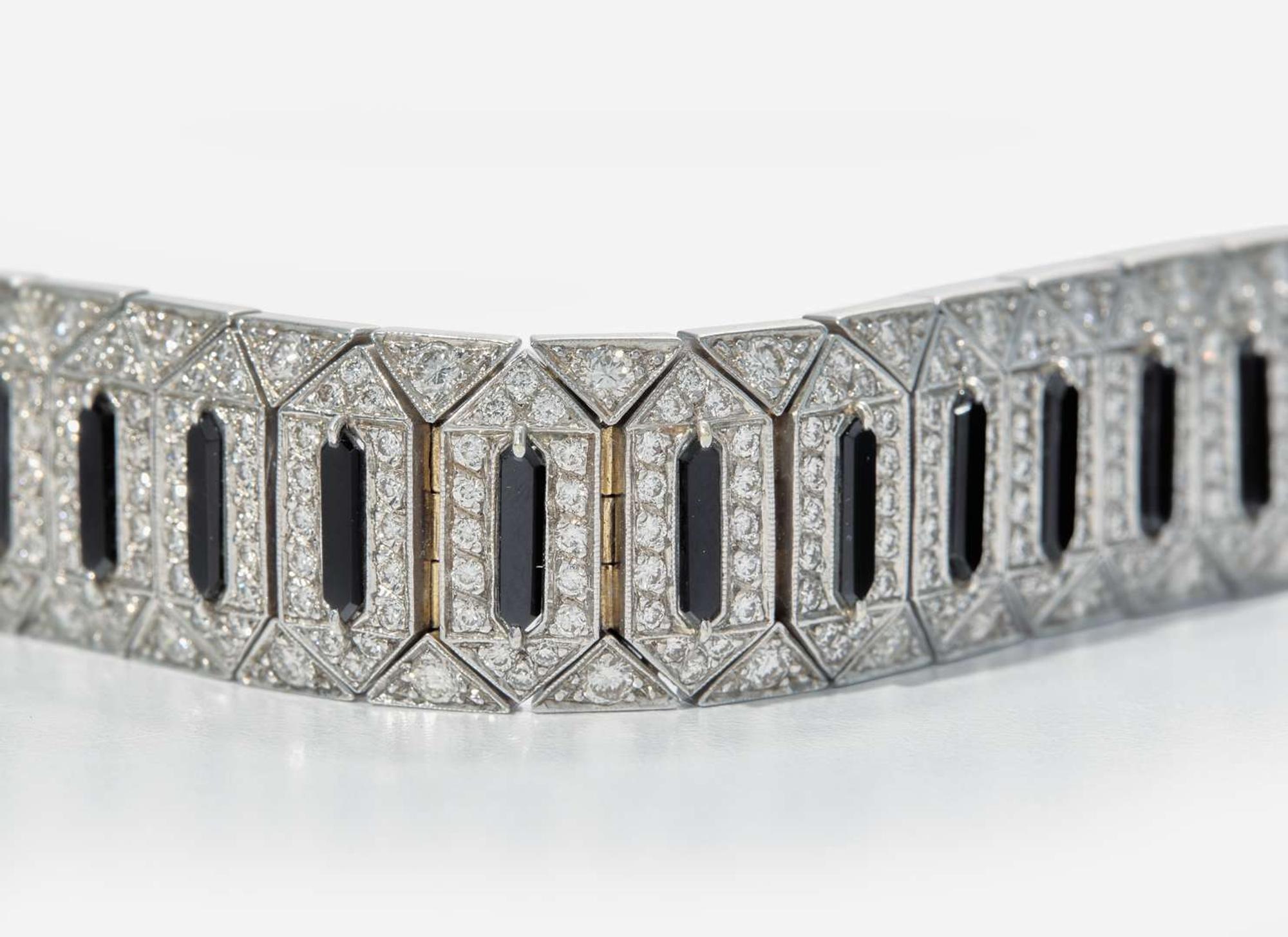 A 14K White Gold, Onyx, and Diamond Bracelet