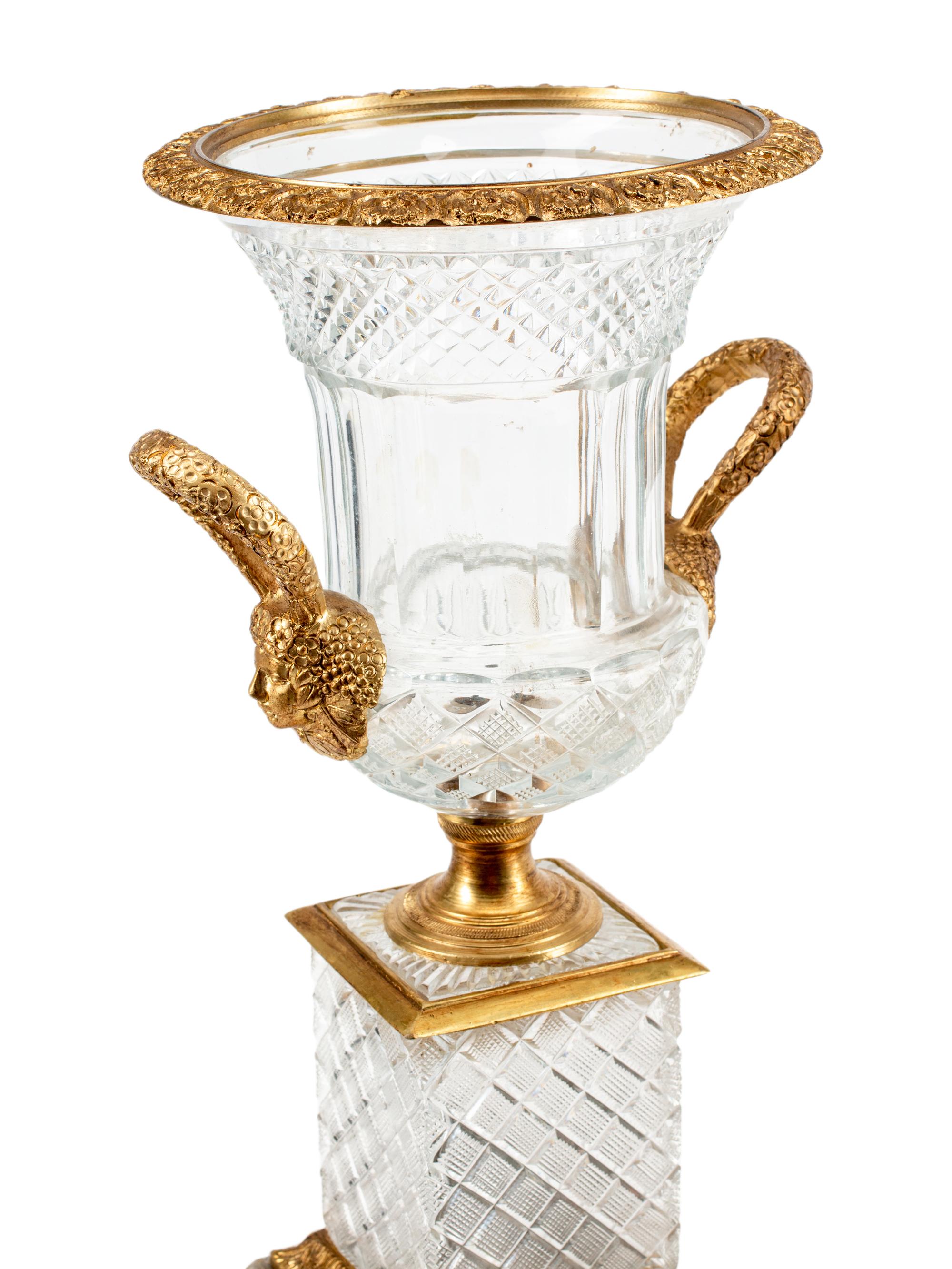 A Pair of Empire Style Cut Glass, Gilt Bronze and Marble Campagna Vases