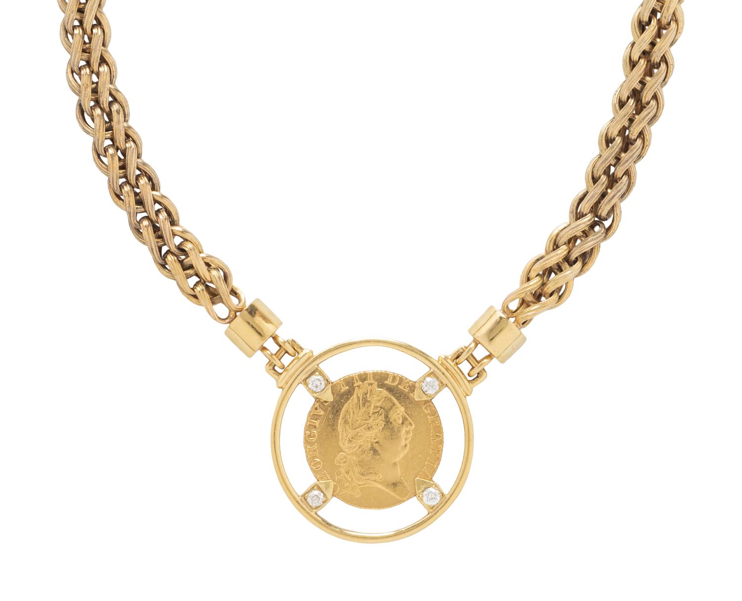 YELLOW GOLD, COIN, AND DIAMOND NECKLACE