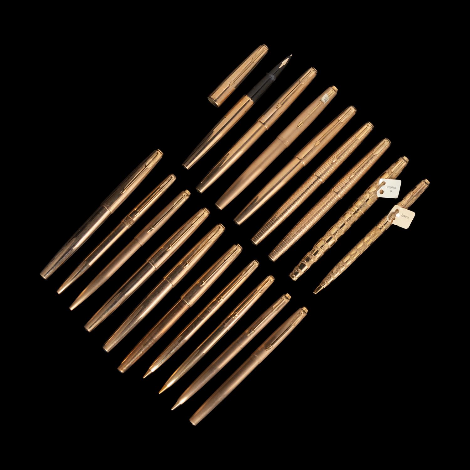 A Group of Eighteen Parker Gold-Filled and Gold Plated Writing Instruments