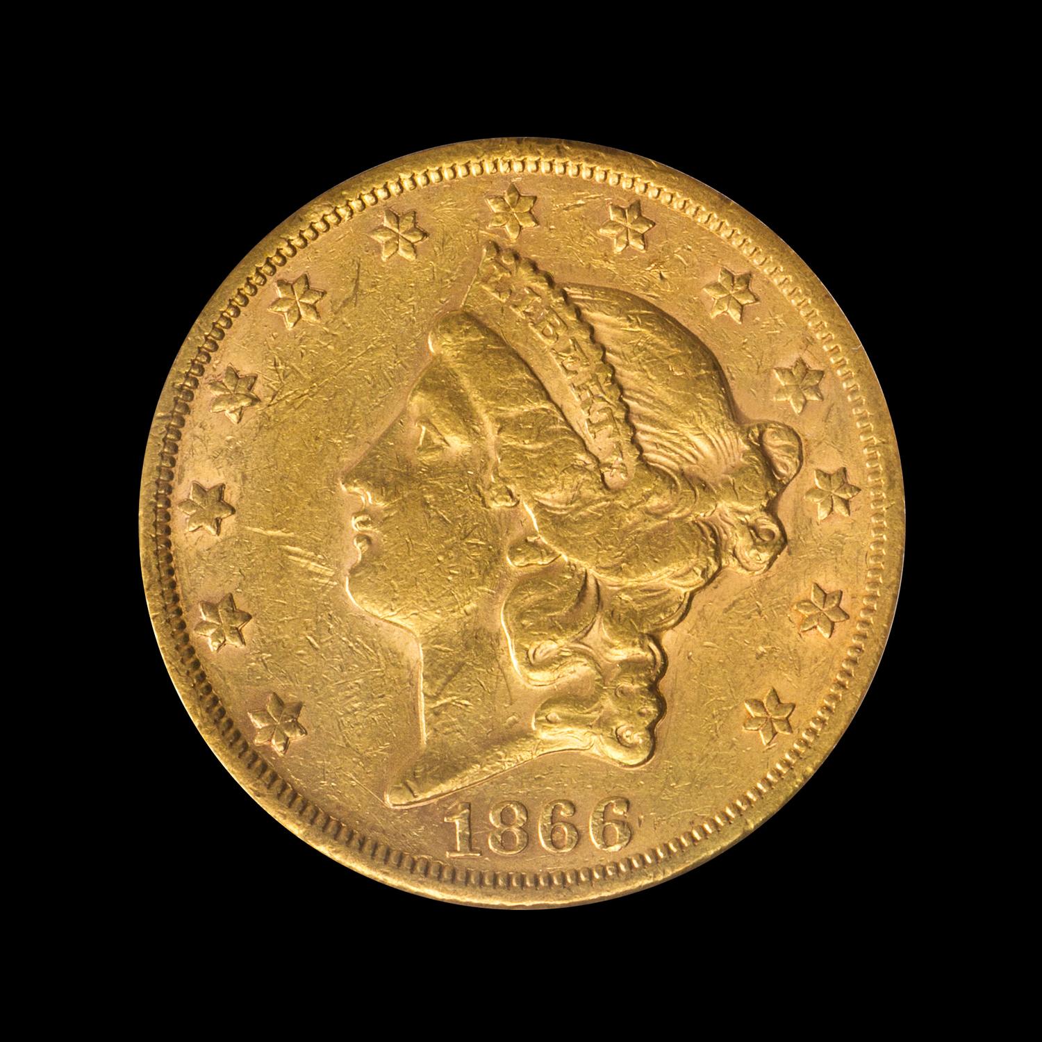 A United States 1866-S Liberty Head: Motto $20 Gold Coin