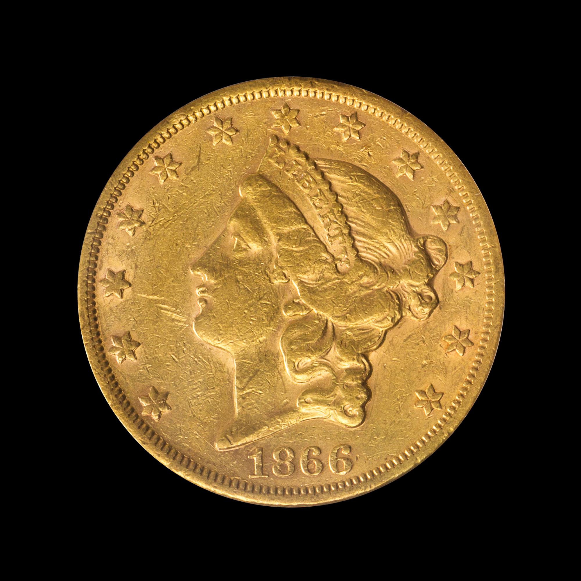 A United States 1866-S Liberty Head: Motto $20 Gold Coin
