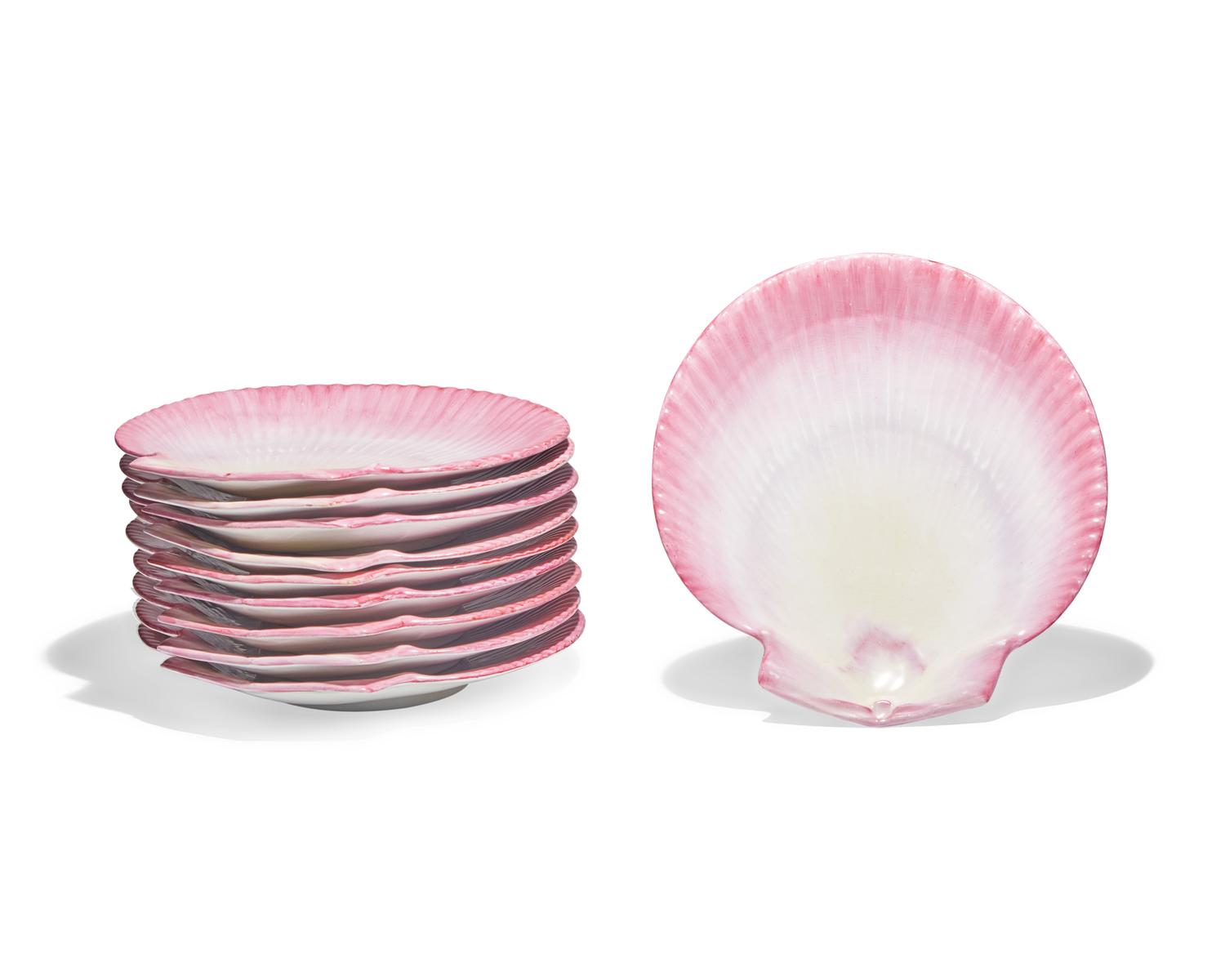 A set of ten Wedgwood pink shell-form porcelain plates, England, bearing date mark for 1877-1878