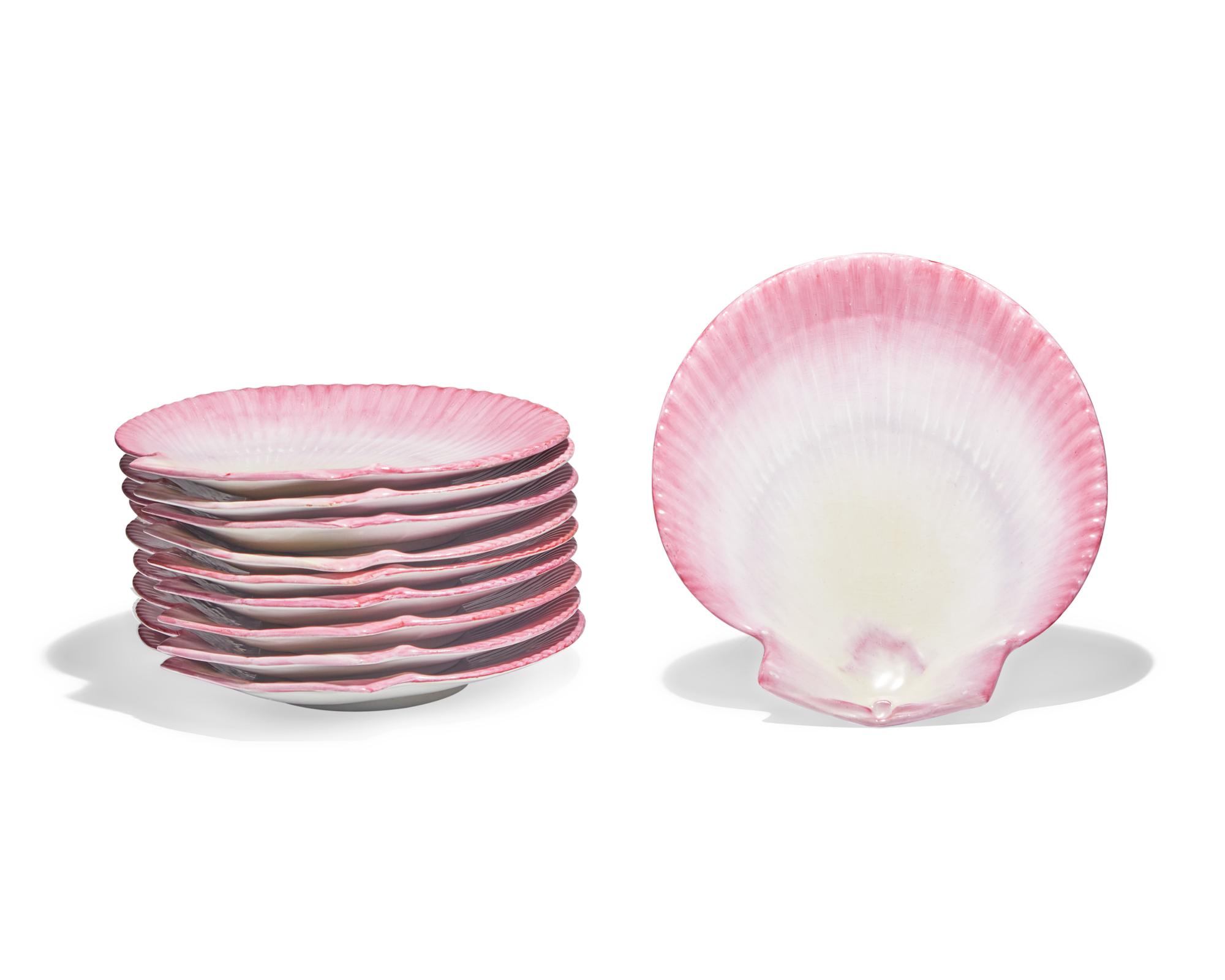 A set of ten Wedgwood pink shell-form porcelain plates, England, bearing date mark for 1877-1878