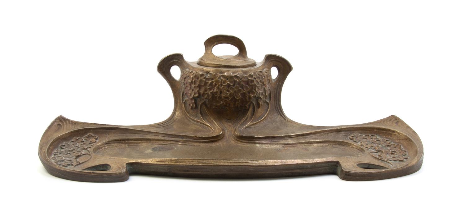 An Art Nouveau Bronze Encrier, Width 11 3/4 inches.
