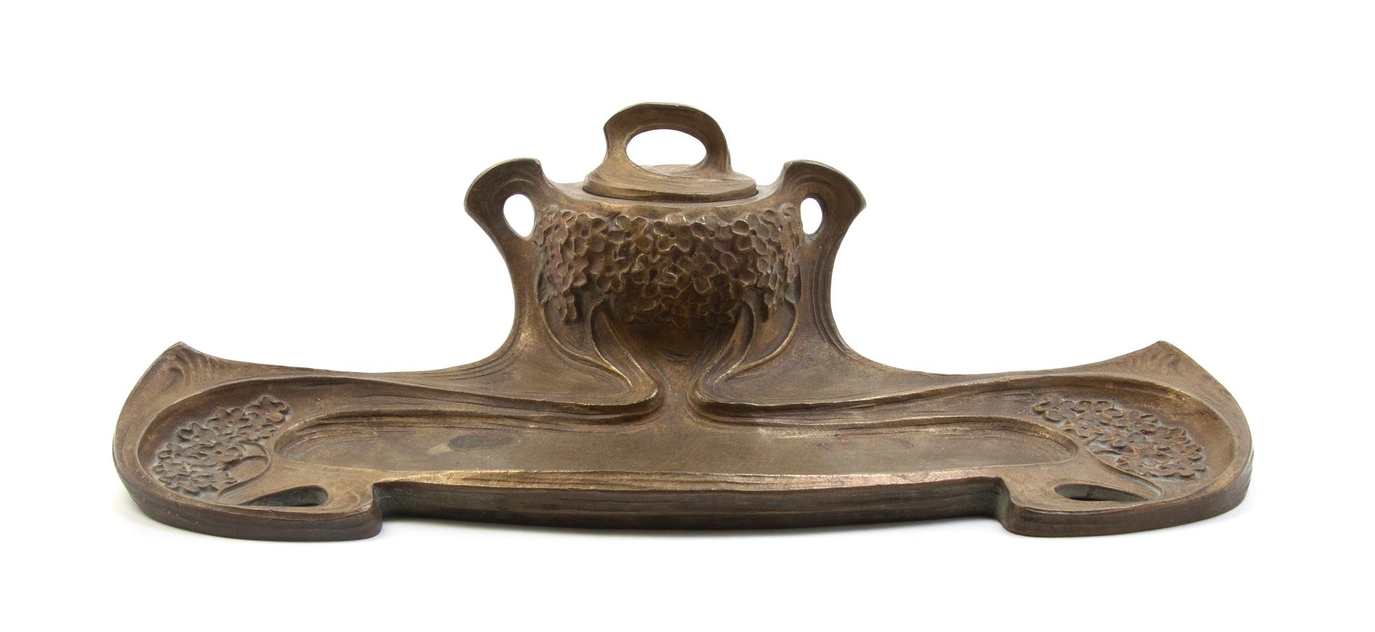 An Art Nouveau Bronze Encrier, Width 11 3/4 inches.
