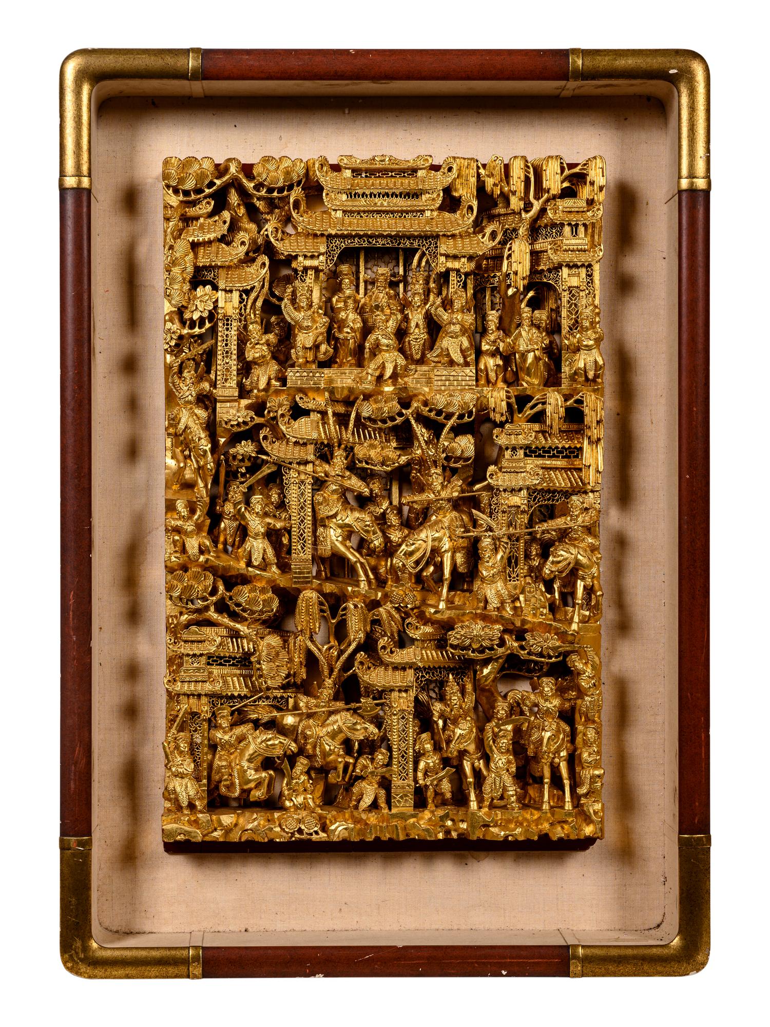 A Chinese Gilt Lacquered Carved Wood Panel