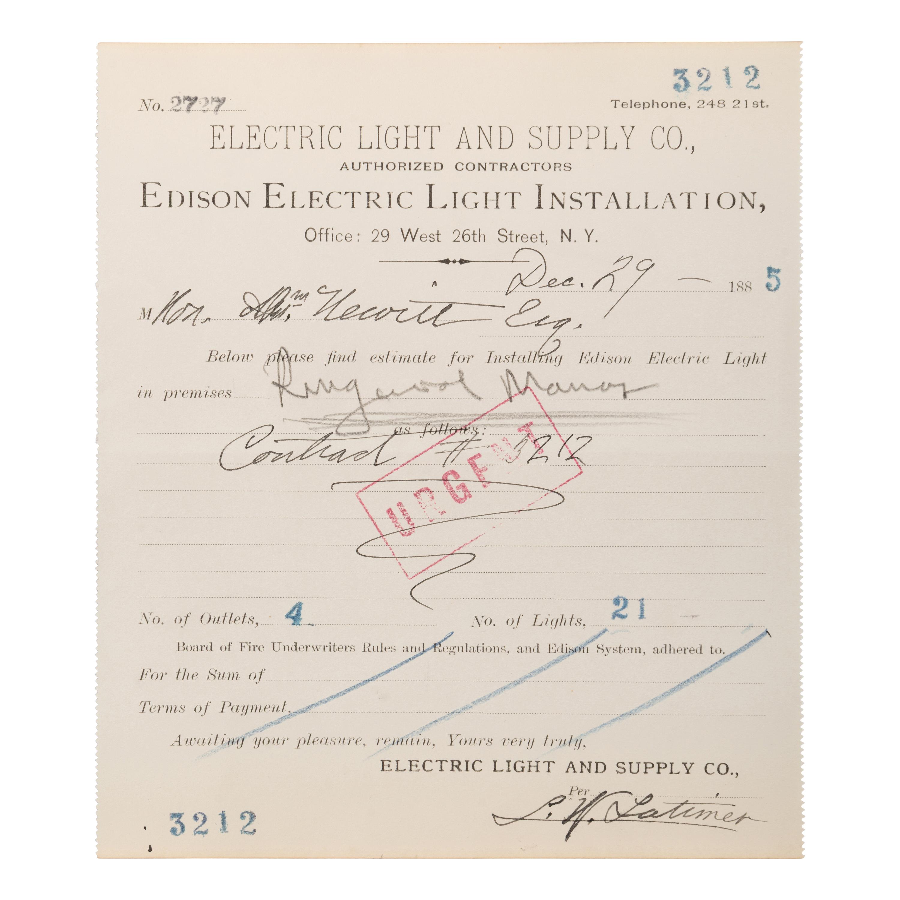 [African American]. Latimer, Lewis Howard (1848-1928). Partly printed document signed ("L.H. Latimer"), New York, 29 December 1885.