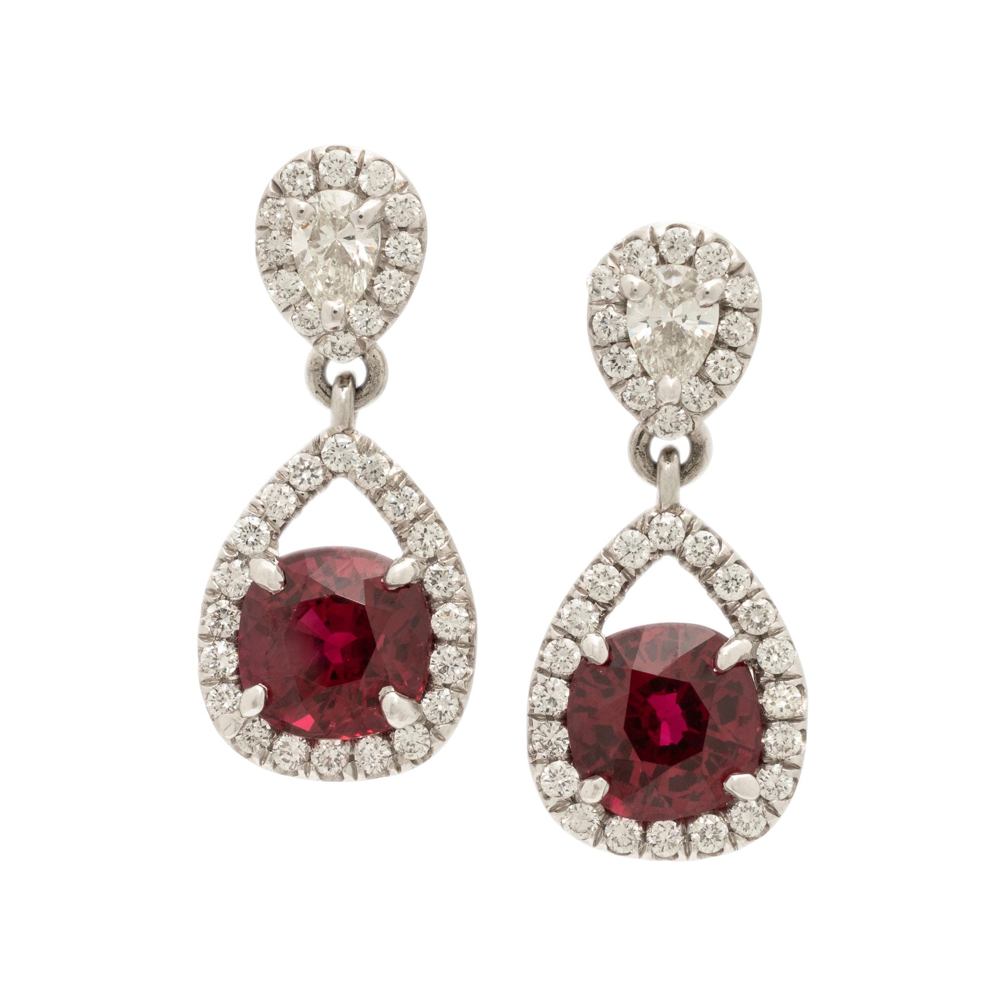 Burmese Ruby, Diamond, and Platinum Earrings