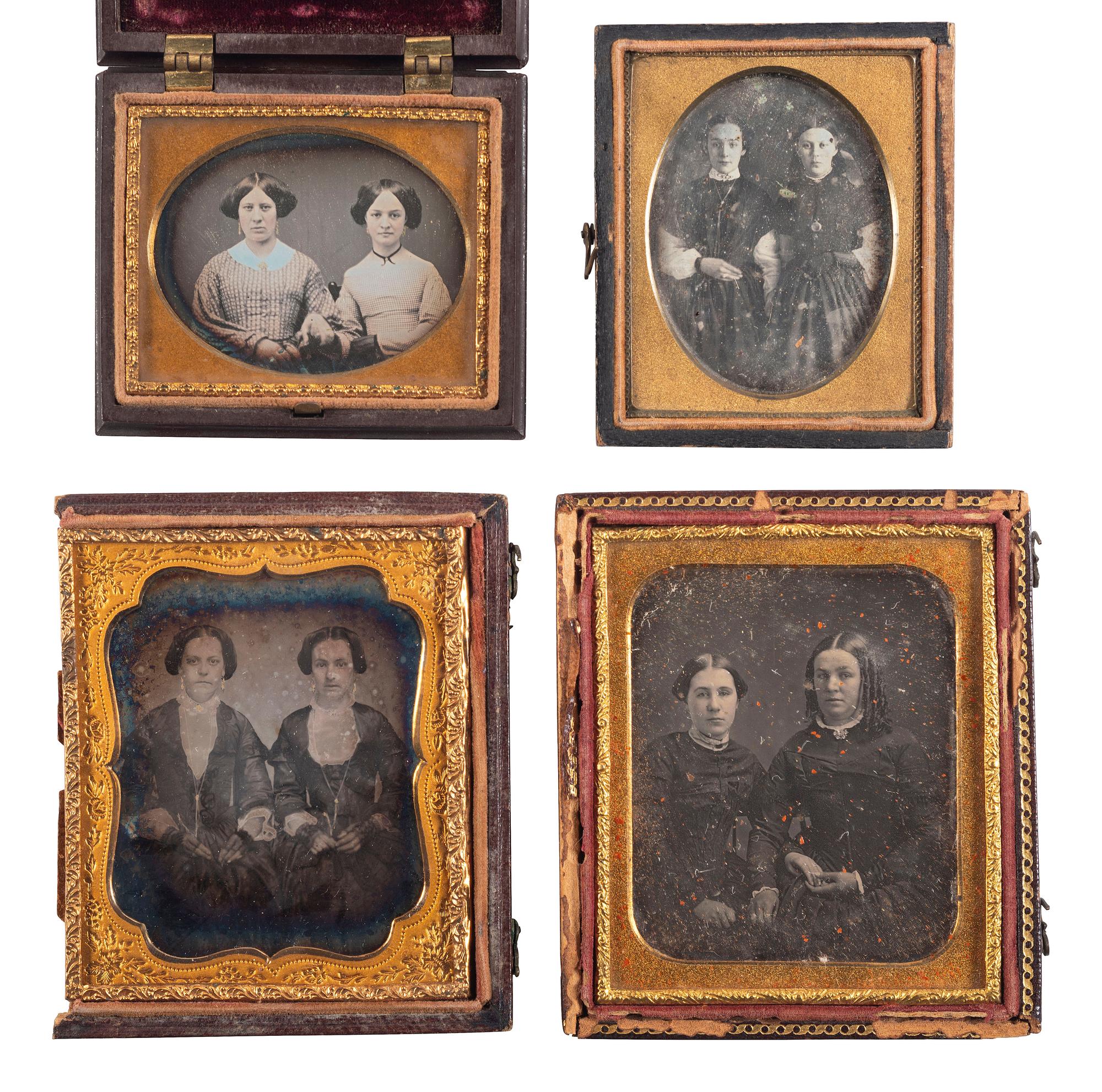 [EARLY PHOTOGRAPHY]. A group of 15 daguerreotype portraits of pairs of women, including: