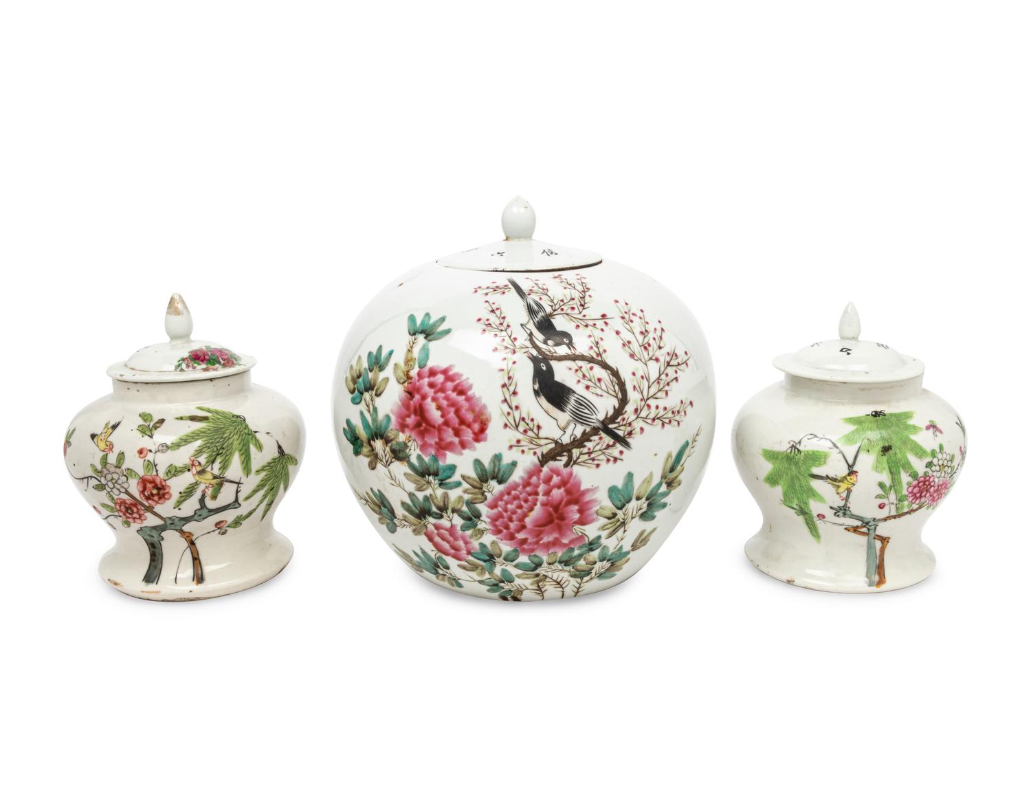 Three Chinese Famille Rose Porcelain Covered Jars