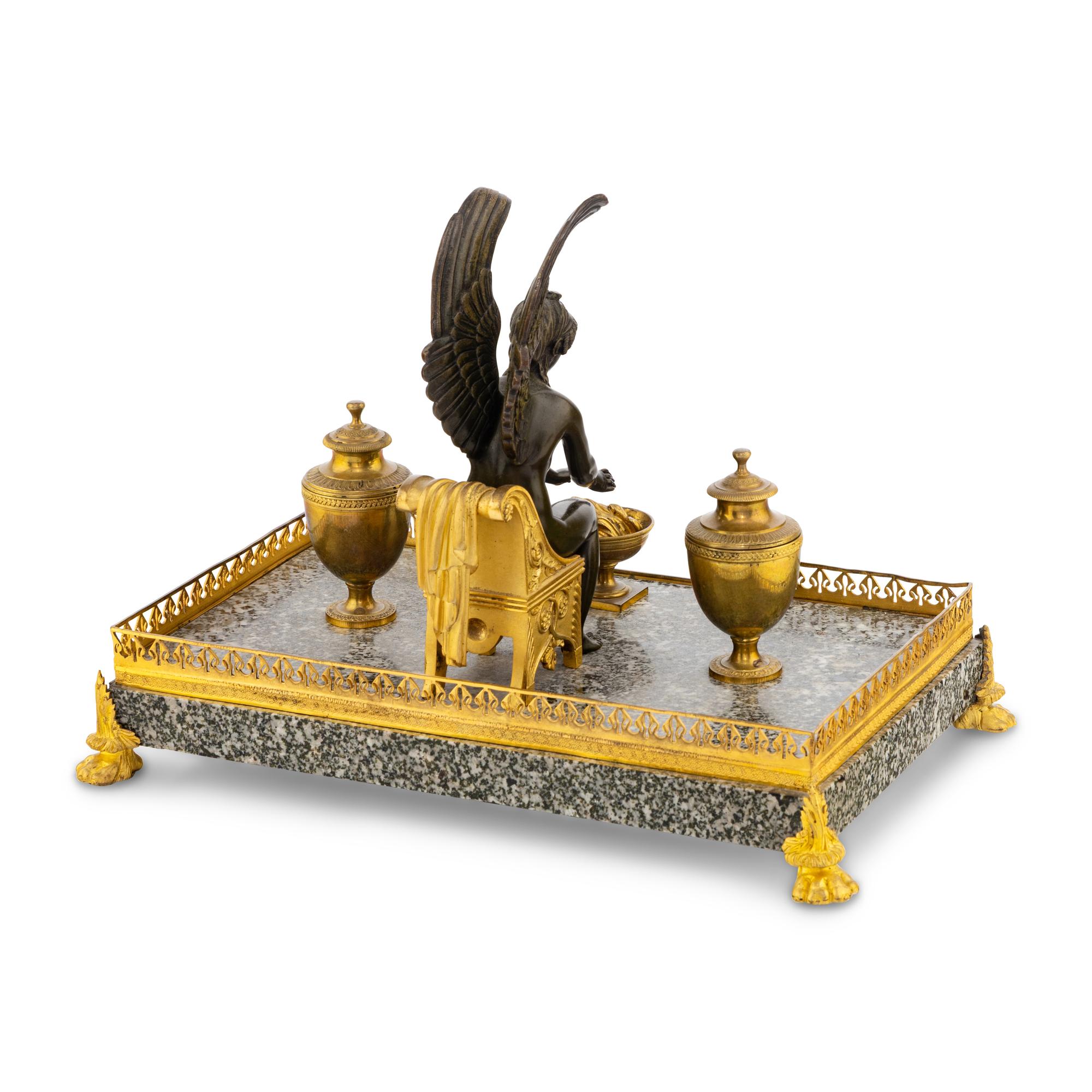 An Empire Gilt and Patinated Bronze and Granite Encrier