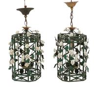 A Pair of Italian Tole and Porcelain Four-Light Lanterns