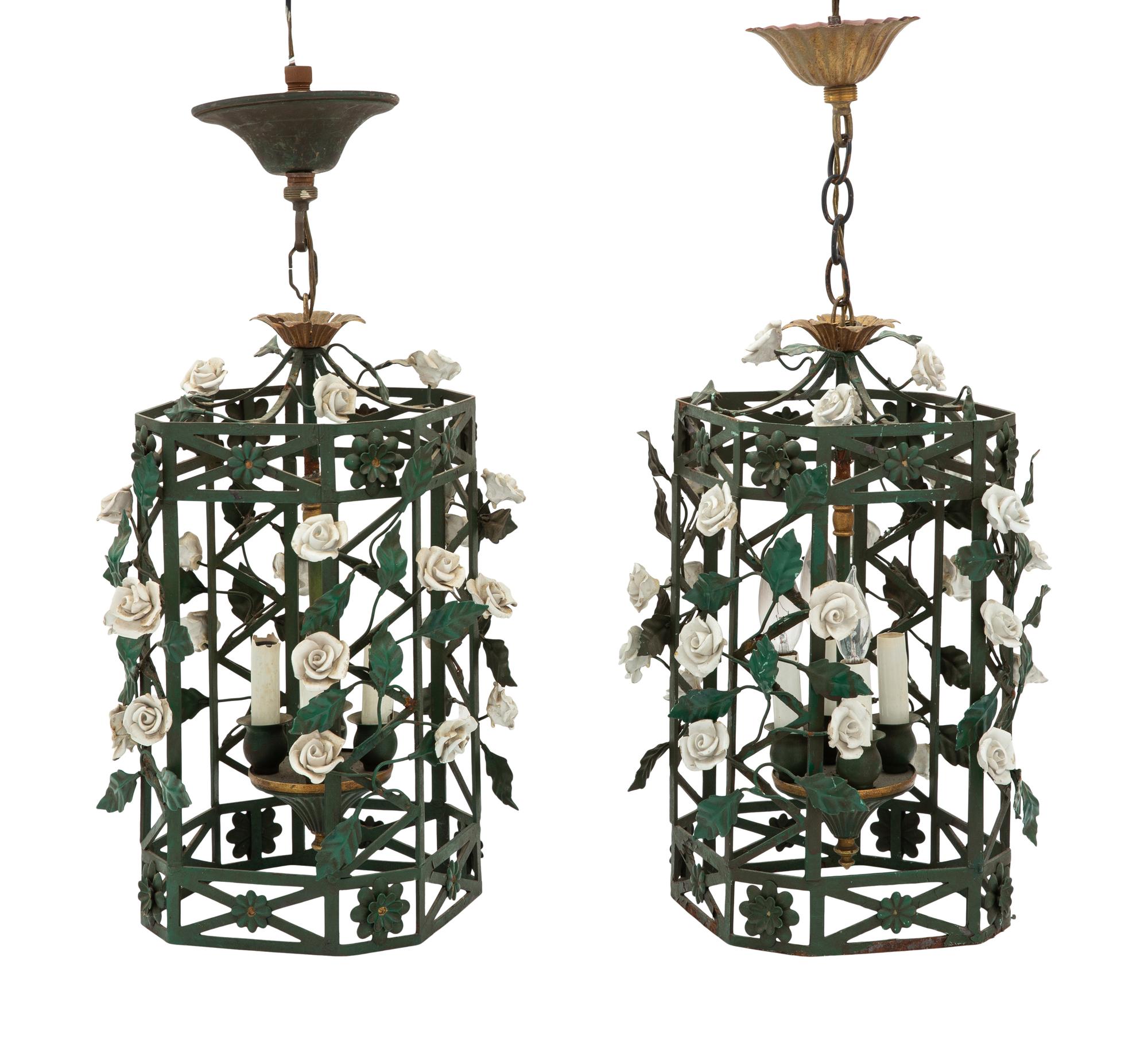 A Pair of Italian Tole and Porcelain Four-Light Lanterns