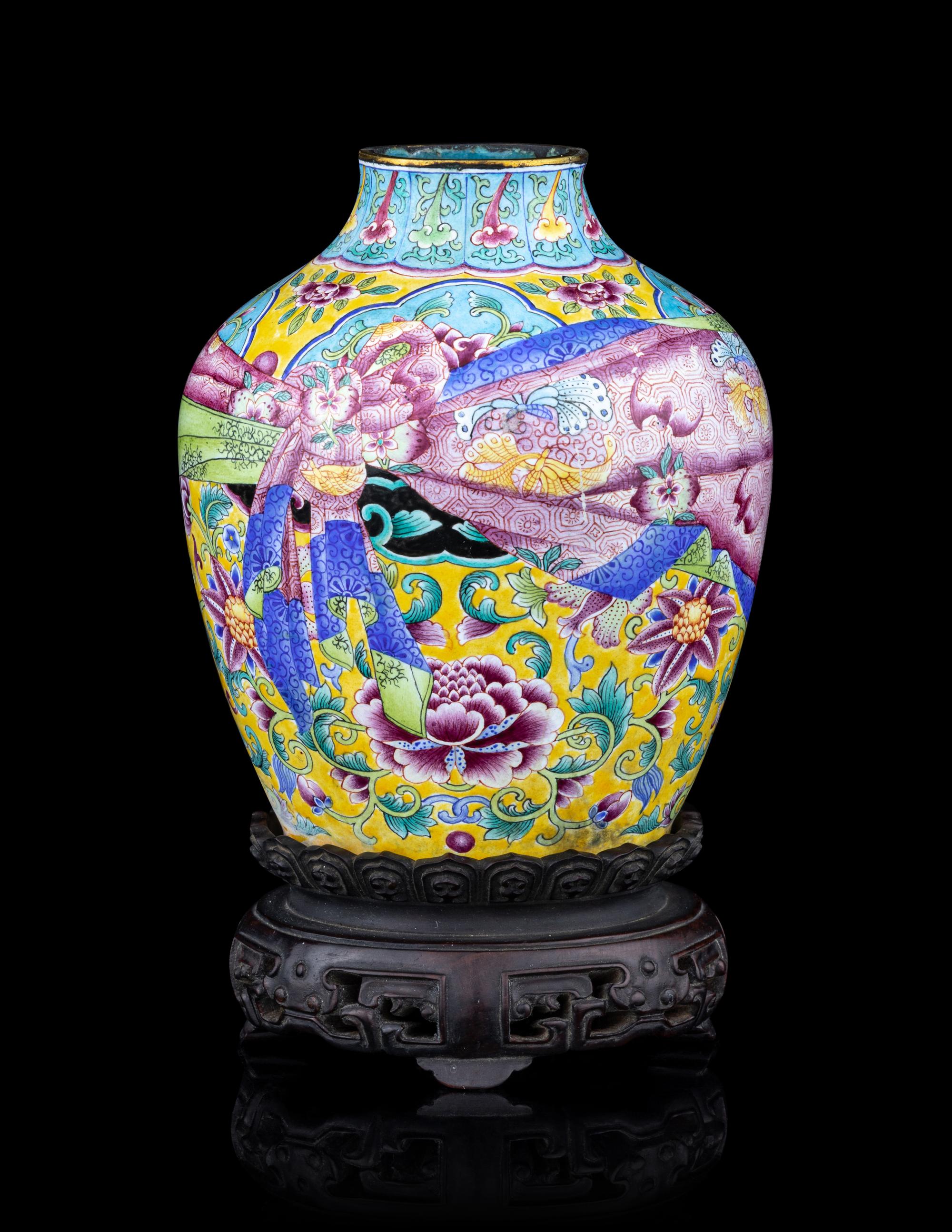 A Famille Rose Painted Enamel on Copper 'Trompe L’oeil' Jar