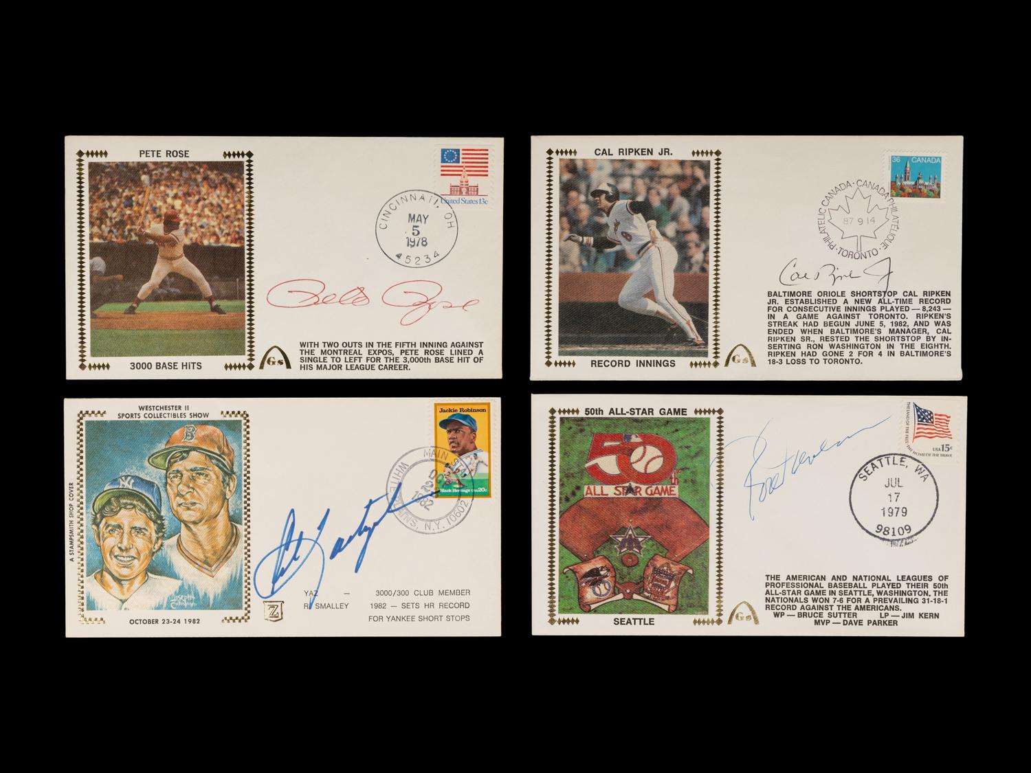A Group of Eight 3,000 Hit Club Signed Autograph Cachet Envelopes,