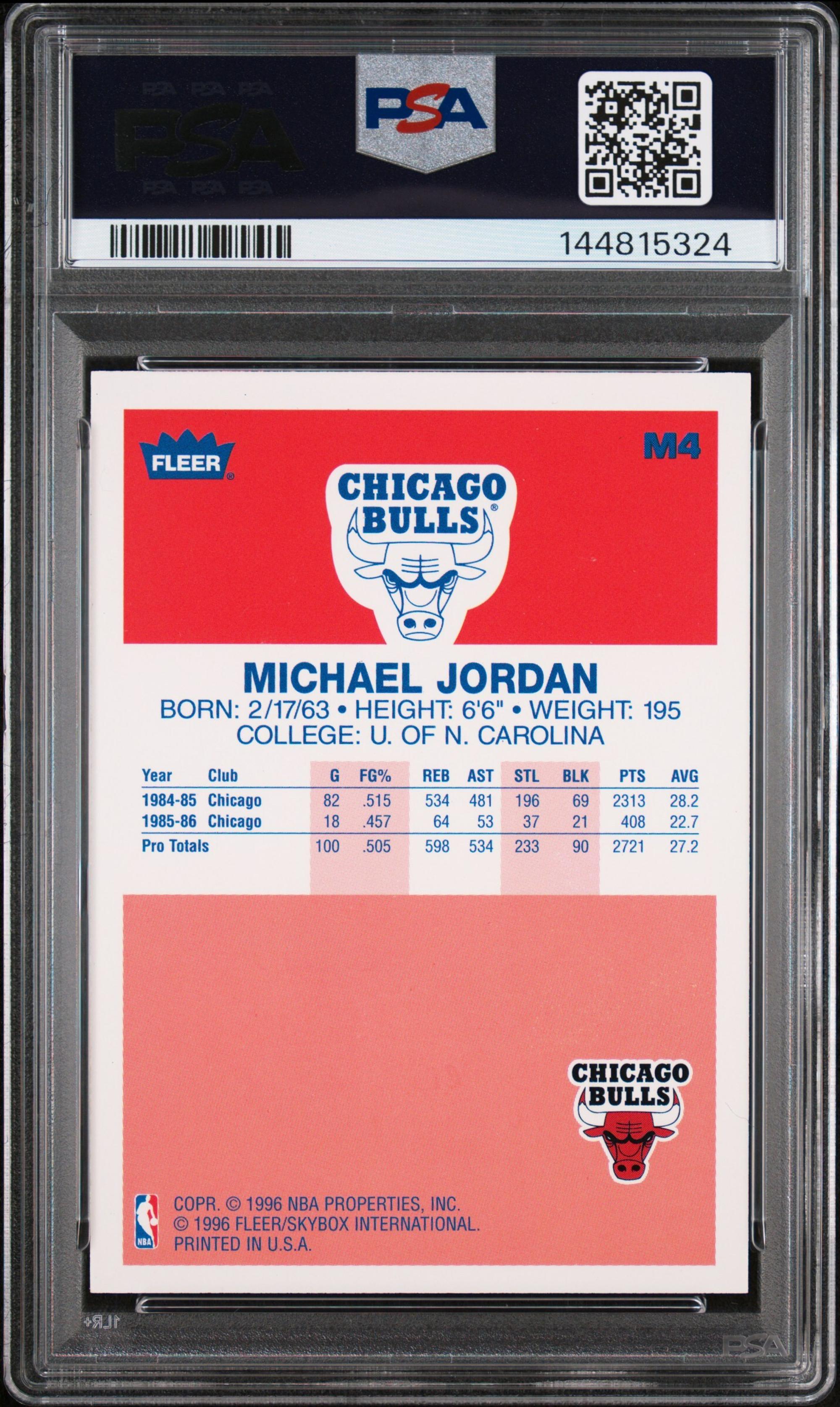 A 1996 Fleer Metal Michael Jordan Decade of Excellence Basketball Card No. M4 (PSA 8 NM-MT)