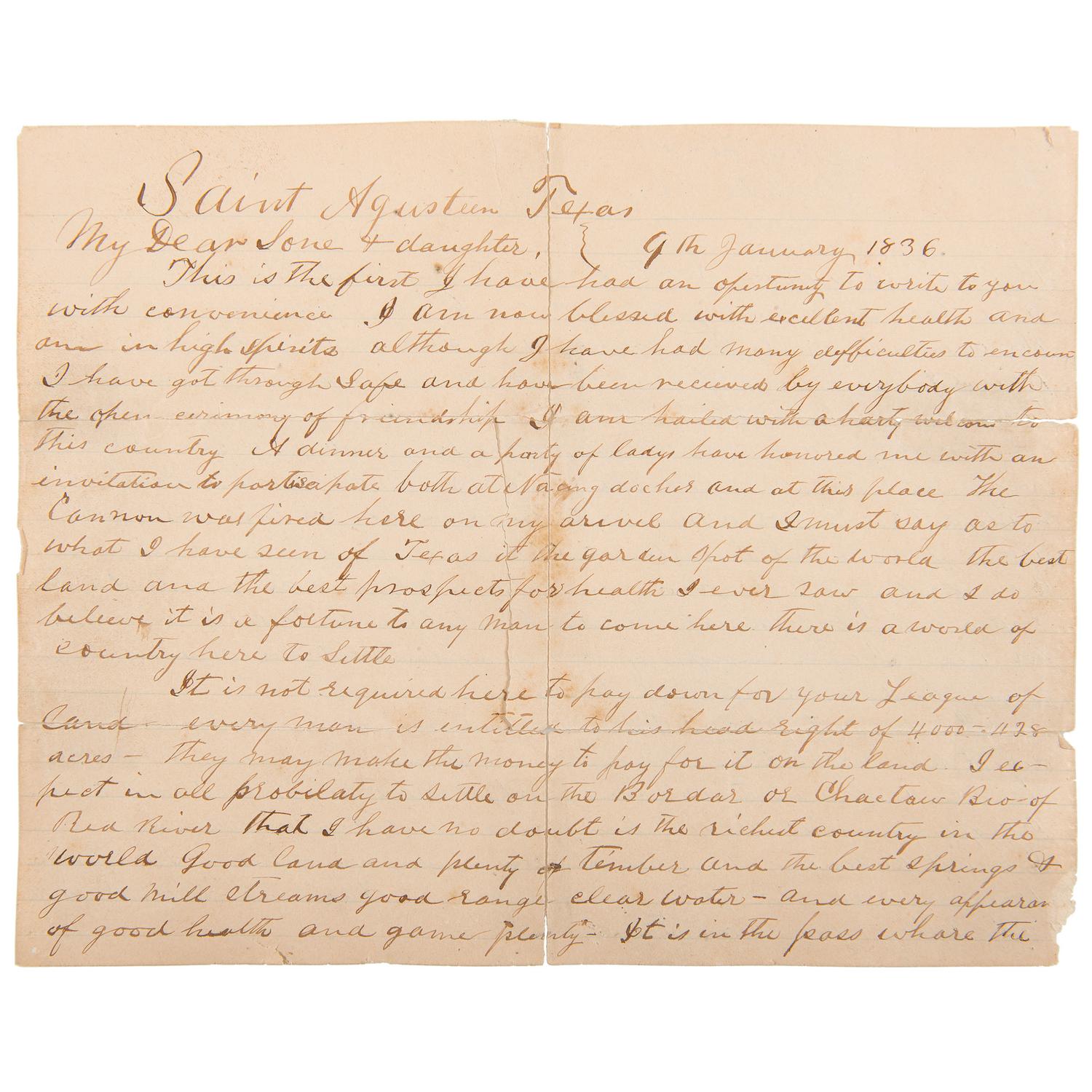 David Crockett's " Garden Spot of the World " Letter, Period Manuscript Copy Descended Directly in the Crockett Family