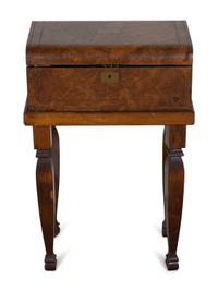 A Victorian Style Burl Walnut Lap Desk on Stand and a George III Style Kidney-Shaped Inlaid Mahogany Vitrine Table — EARLY 20TH CENTURY