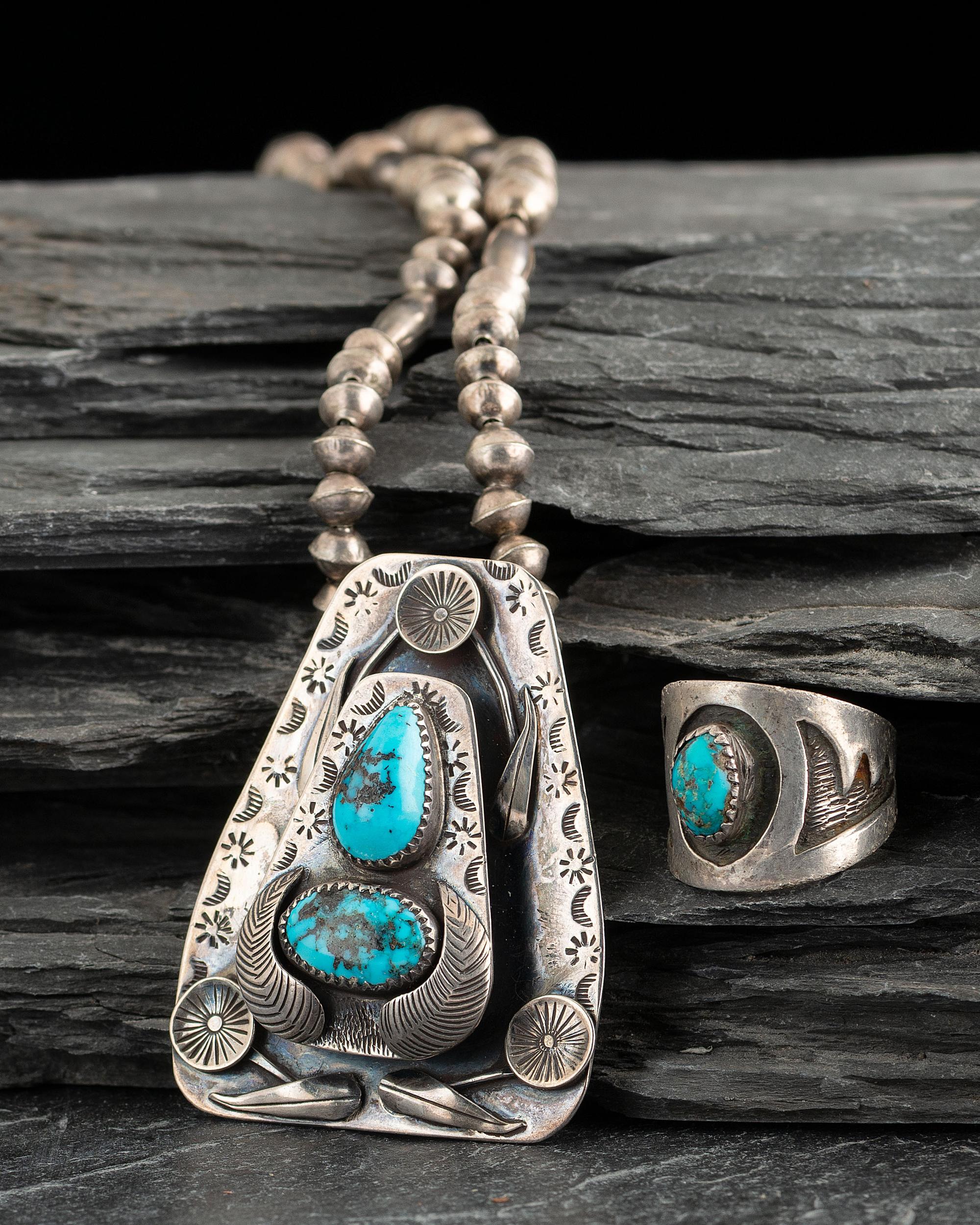 Navajo Silver and Turquosie Necklace and Ring