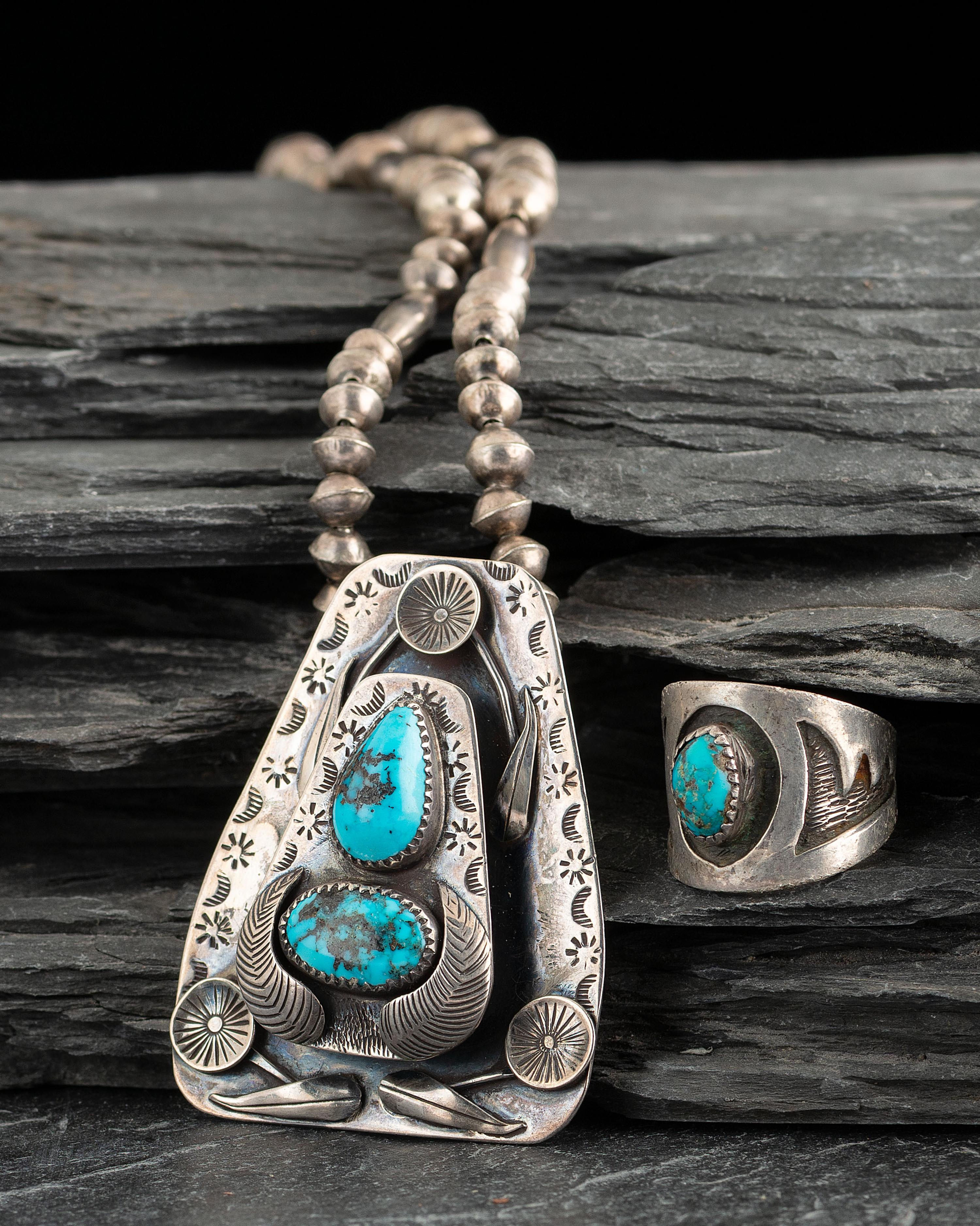 Navajo Silver and Turquosie Necklace and Ring