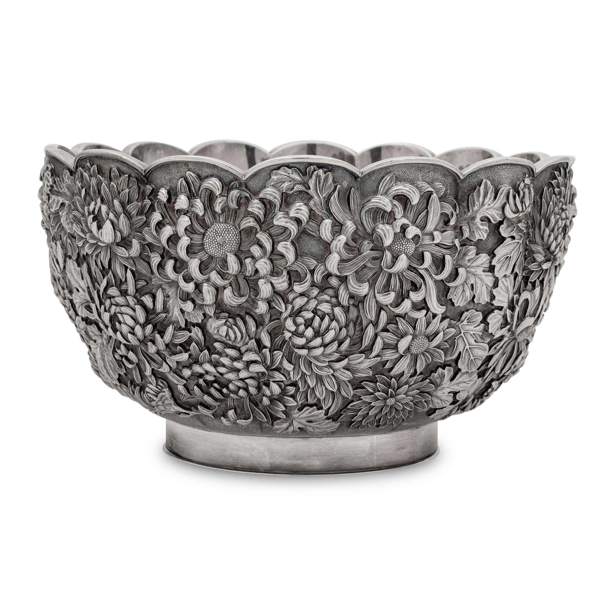 A Japanese Silver Chrysanthemum Bowl