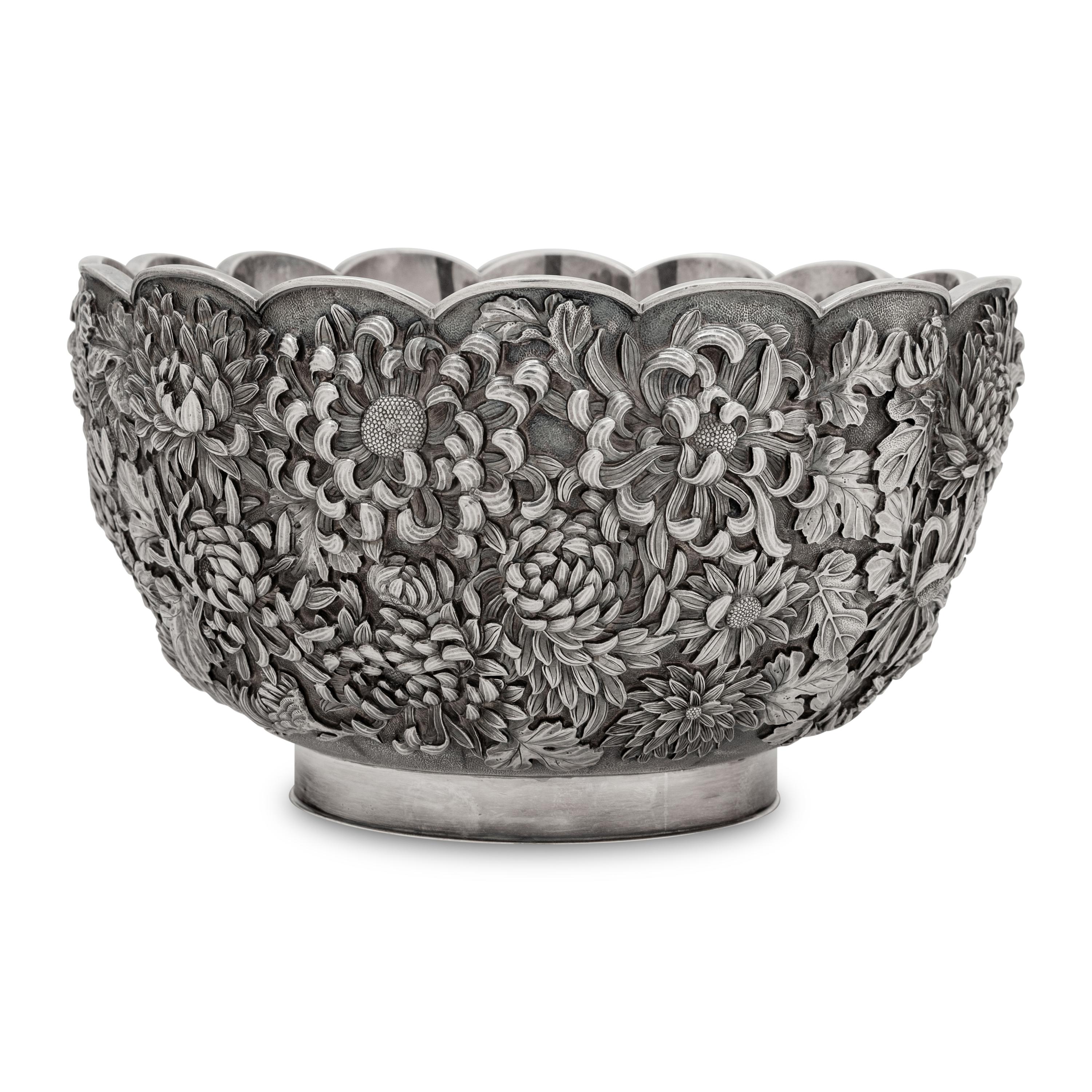 A Japanese Silver Chrysanthemum Bowl