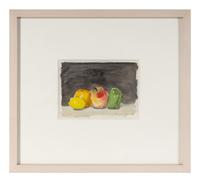 Fruit with Black Background and Green Pear and Red Apple (Two Works), 1961
