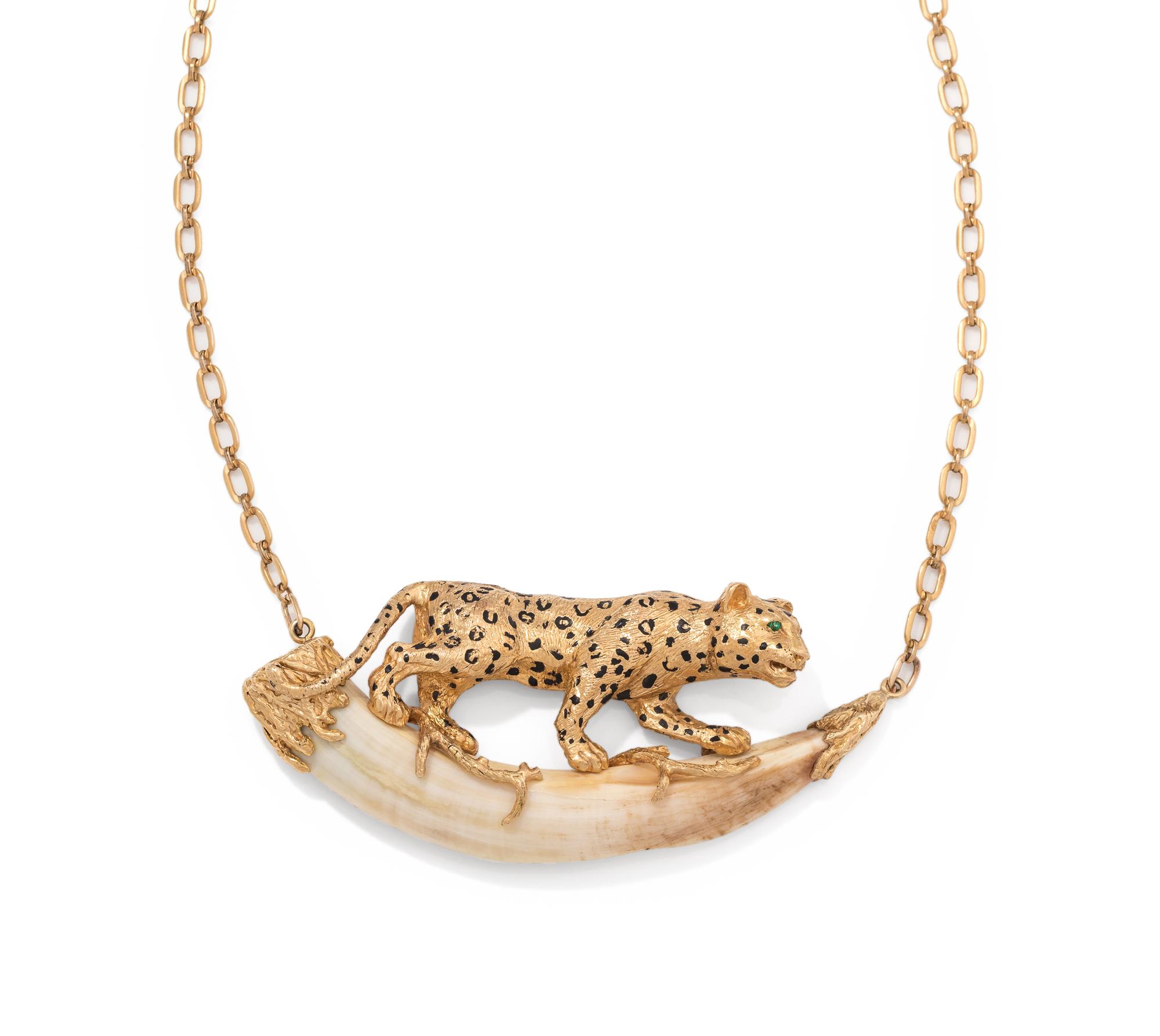 YELLOW GOLD AND TUSK LEOPARD NECKLACE