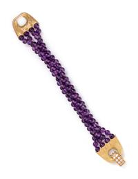 YELLOW GOLD, DIAMOND AND AMETHYST BEAD BRACELET