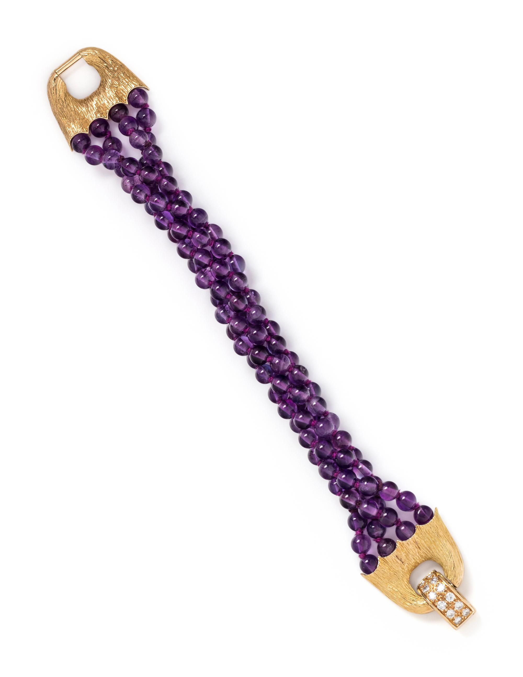 YELLOW GOLD, DIAMOND AND AMETHYST BEAD BRACELET