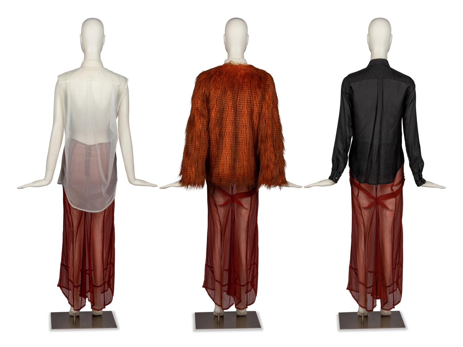Dries Van Noten Faux Fur Jacket and Chiffon Skirt with Two Commes des Garçons Blouses