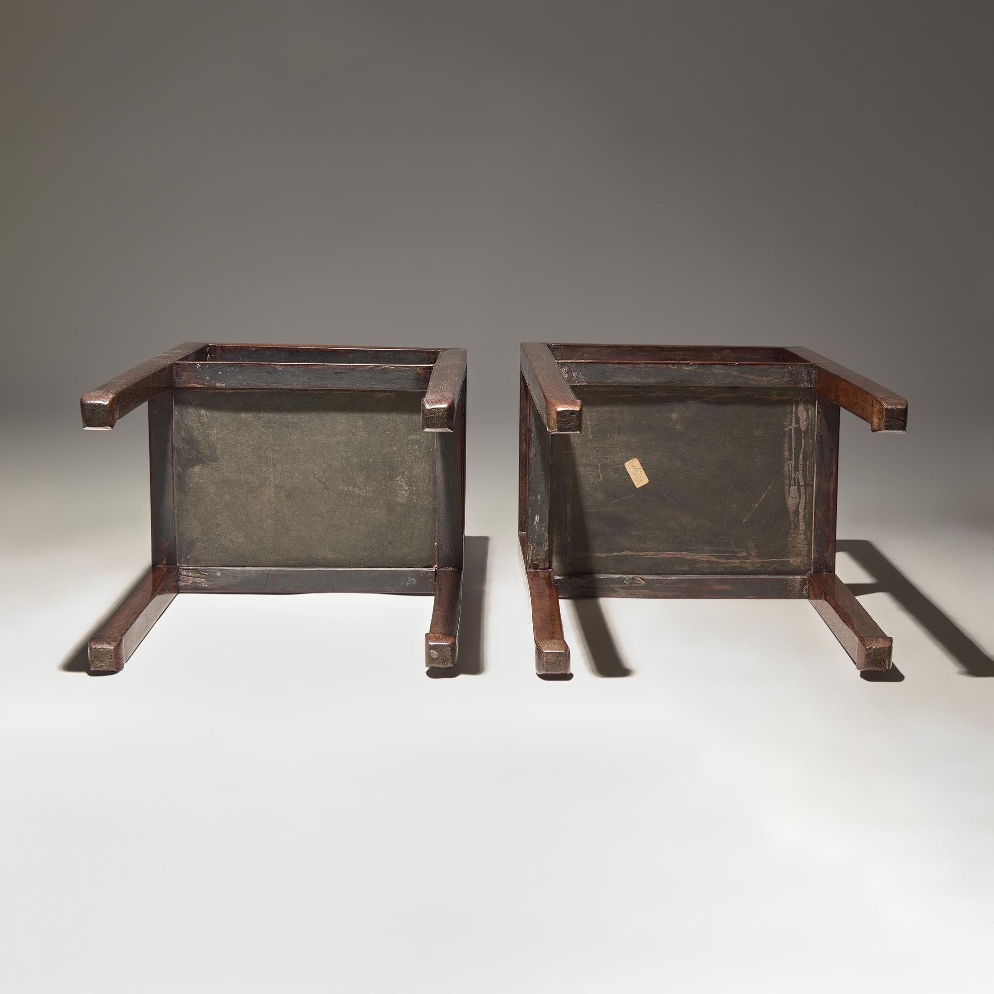 A Pair of Chinese Hardwood, Possibly Huanghuali, Stands, Qing Dynasty, 18th Century — 清中期 或爲黃花梨邊几一對