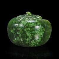 A Chinese carved spinach jade four-lobed persimmon coupe 翠玉四叶柿子形水丞