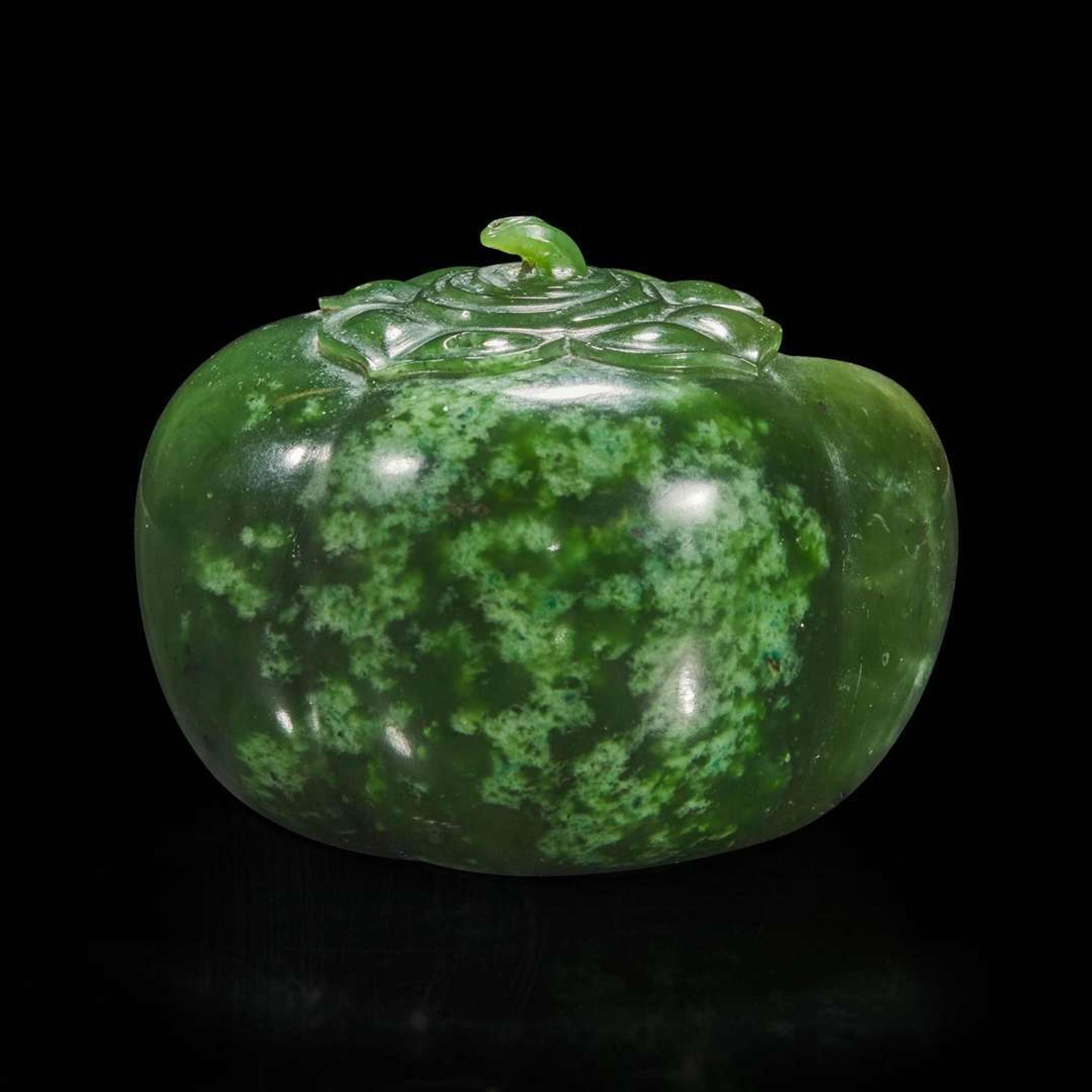 A Chinese carved spinach jade four-lobed persimmon coupe 翠玉四叶柿子形水丞