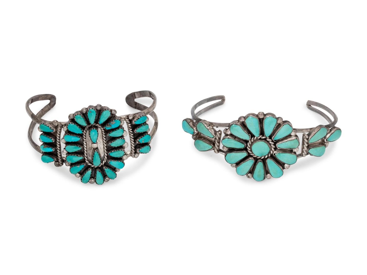 A Collection of Silver and Turquoise Cuff Bracelets,